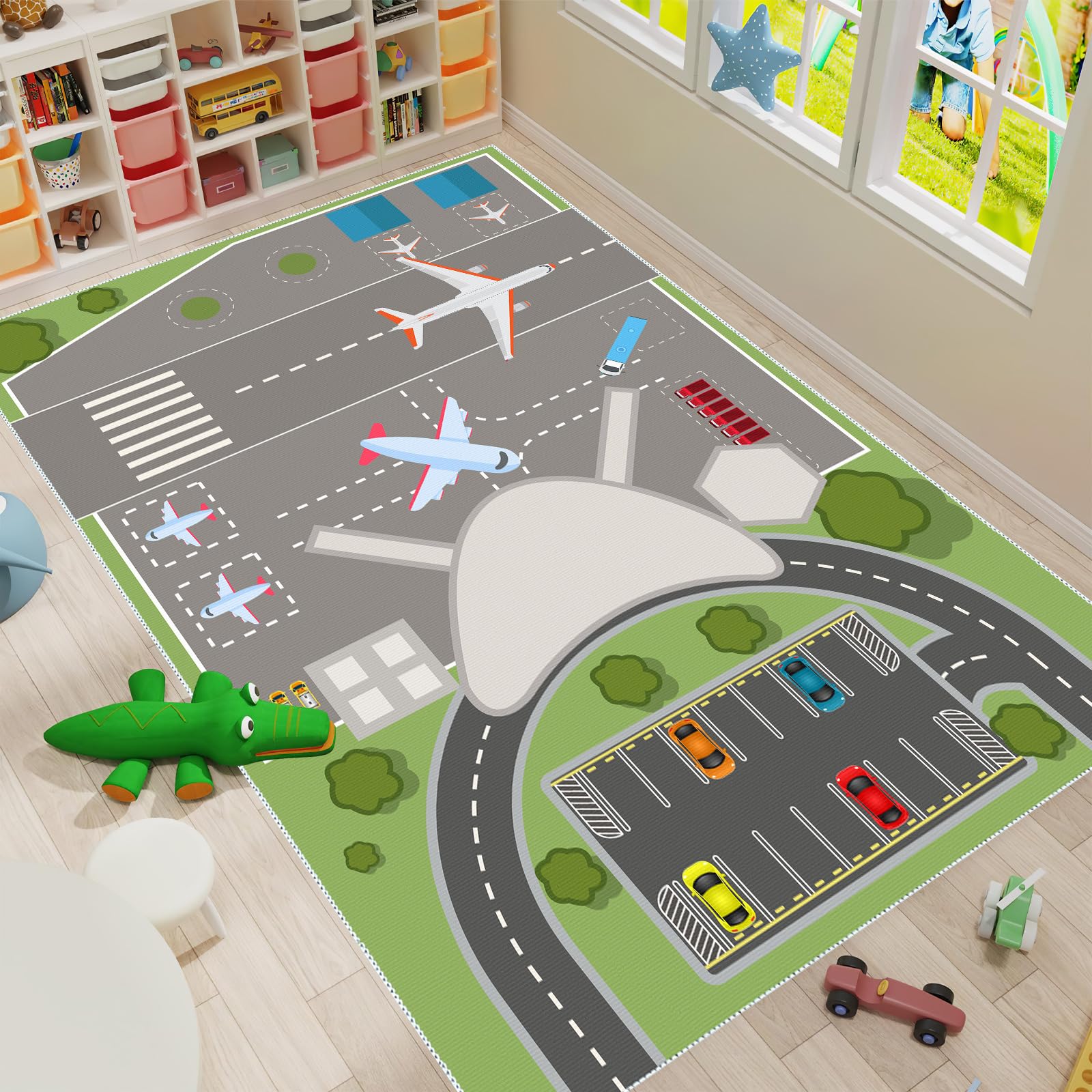 Flughafen Spielmatte Spielteppich Spiel-Matte für das Kinder-Zimmer Kinder-Innenmatte rutschfest und Fleckenbeständig Spielmatte mit Flughafenmuster (80X150CM, ZD)