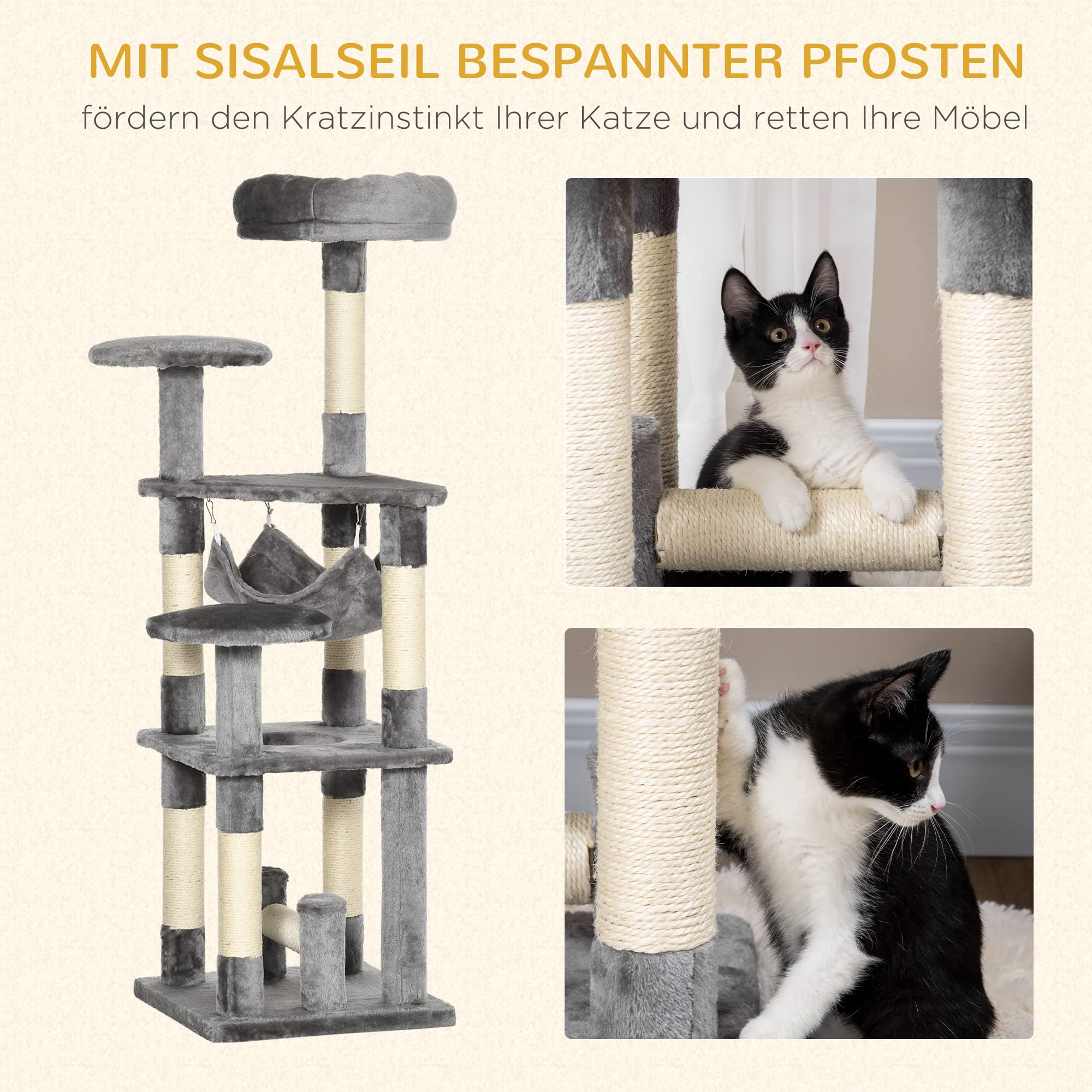PawHut Katzenbaum Katzenkratzbaum Hängematte Grau L40 x B40 x H132 cm