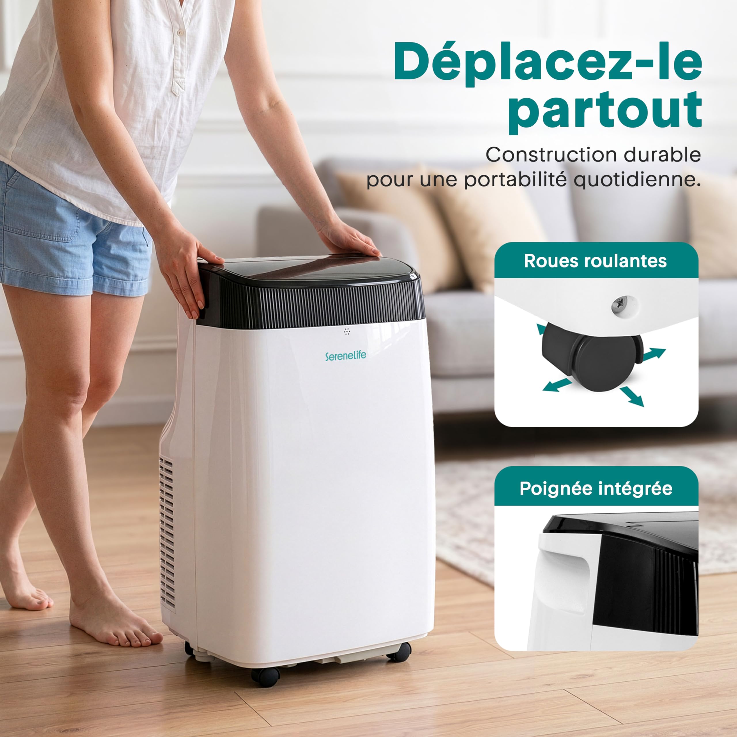 SereneLife Climatiseur Mobile Silencieux,7K BTU, Climatiseur Portable 3-en-1 avec Fonction Déshumidificateur Intégrée, Mode Ventilateur, Télécommande, Kit d'Évacuation Complet pour Fenêtre,Blanc