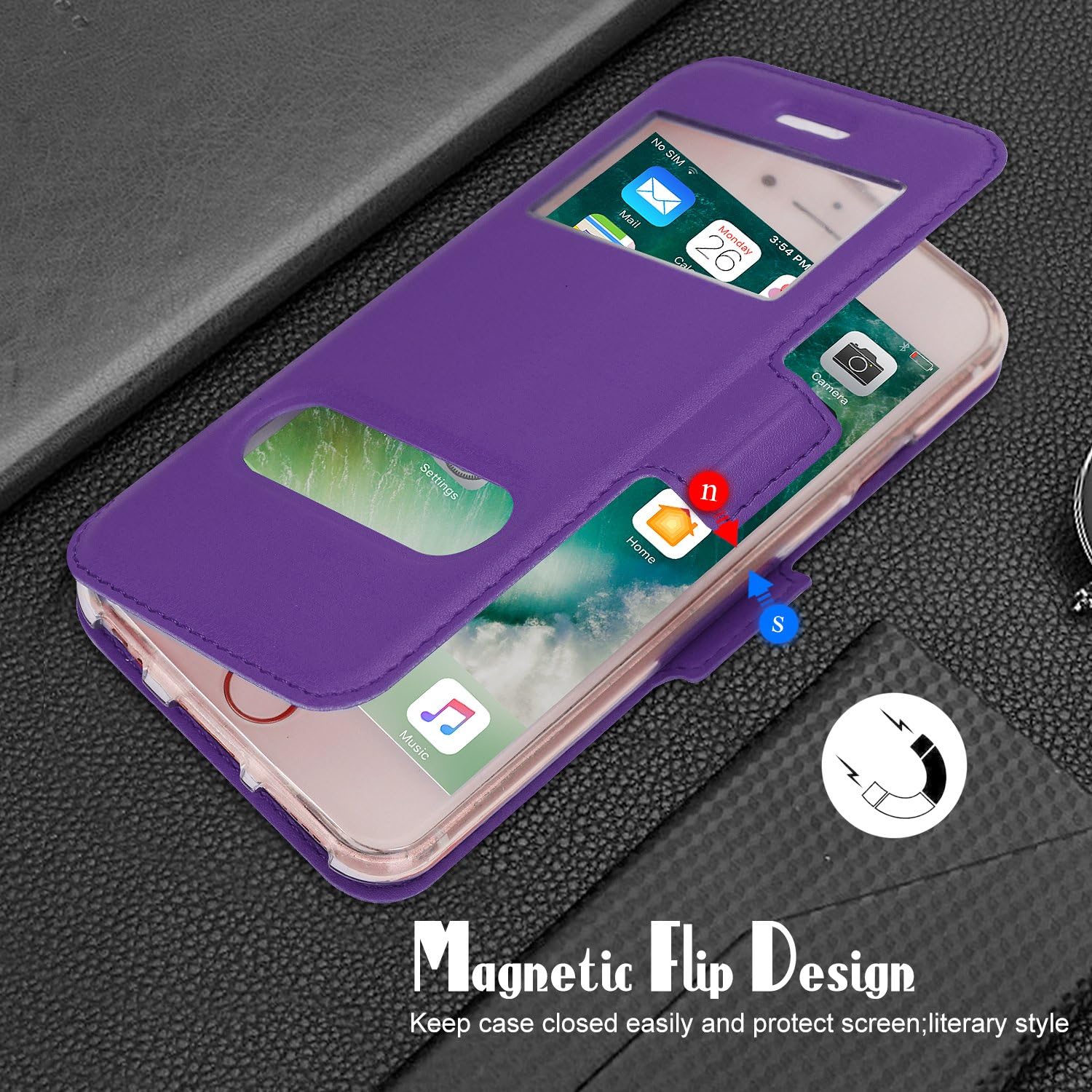 FYY Case for iPhone 7 Plus/8 Plus, Magnetic Flip Phone Case Stand Protective Cover with Window View Function for Apple iPhone 7 Plus/8 Plus 5.5" Purple