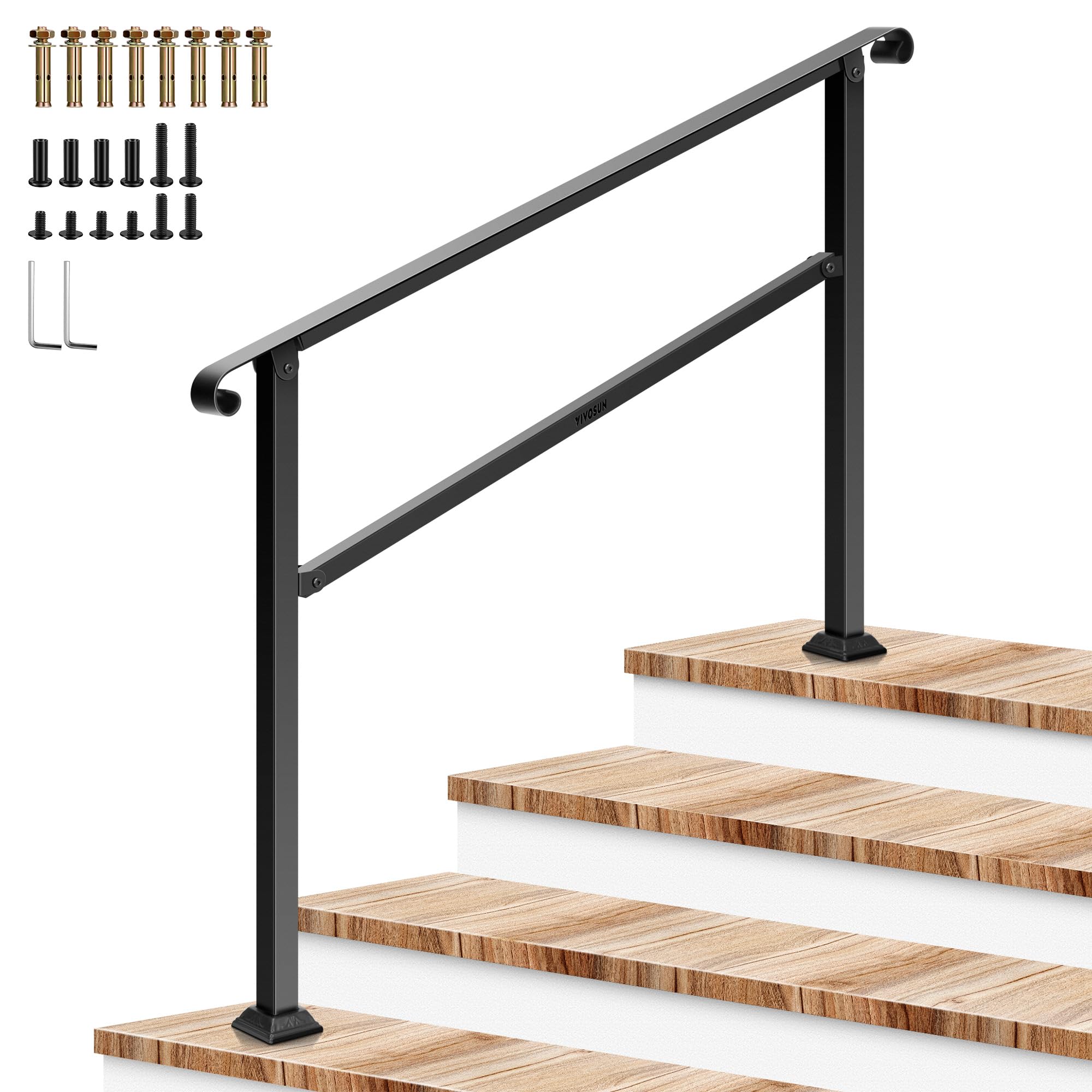 VIVOSUN 4-Step Stair Handrail 54"x36" Wrought Iron with Curved Ends Black