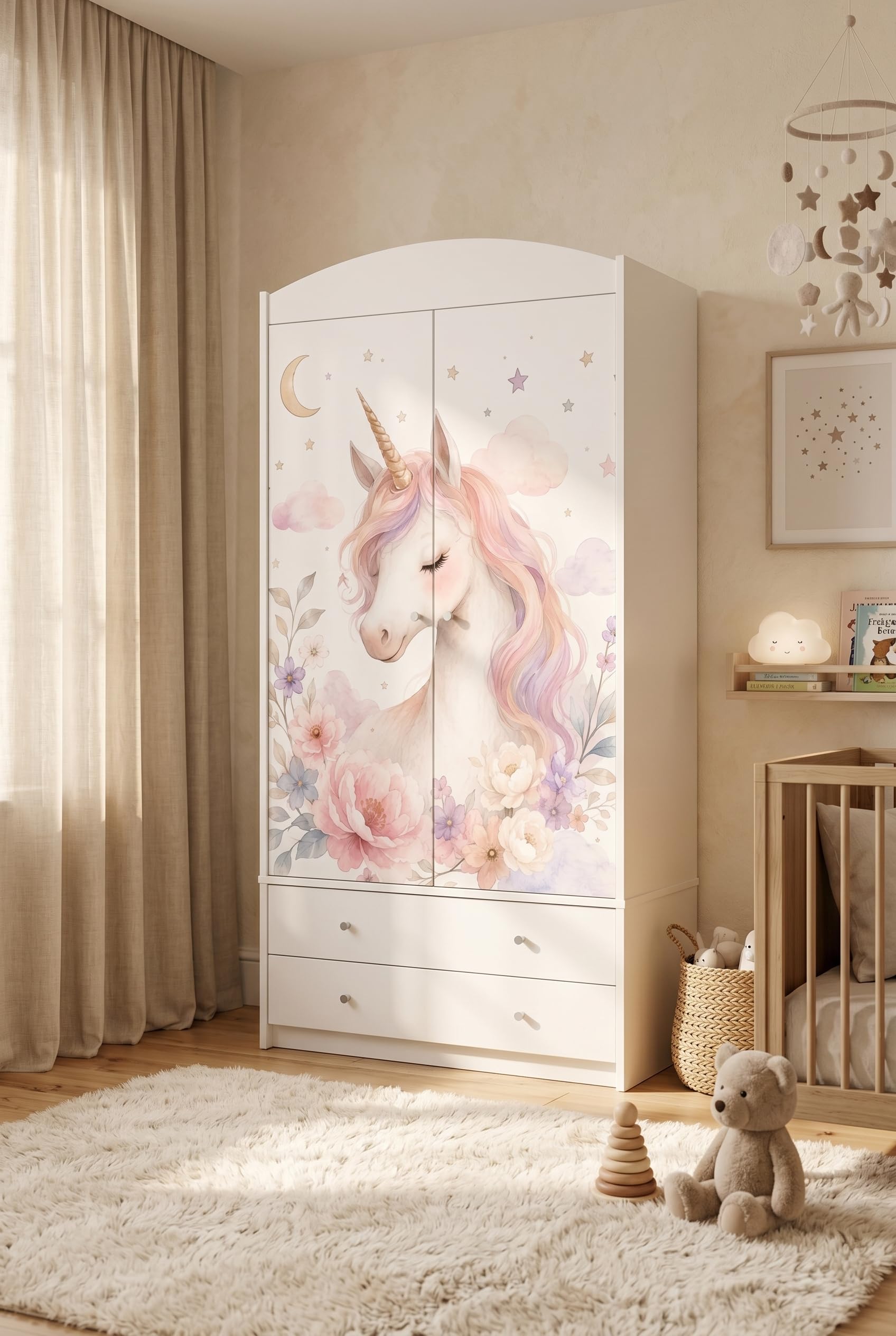 Happy Babies Kinderkleiderschrank mit bezauberndem Motiv – 2-türiger Schrank für Kinderzimmer inkl. 2 Schubladen, Kleiderstange & Einlegeböden, Weiß (88x187x54 cm) (Nr 452)