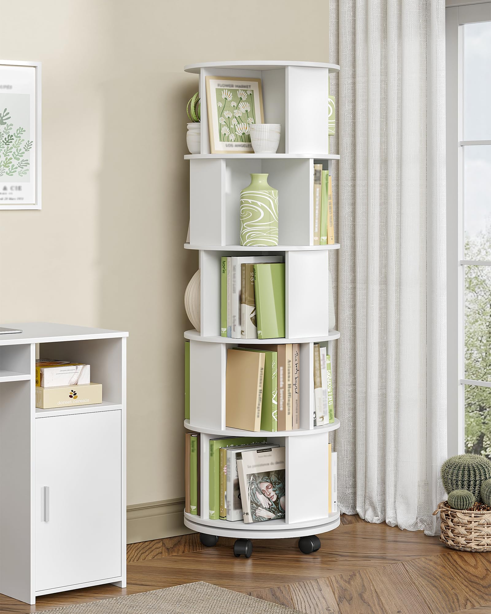 Hzuaneri Libreria Estantería Giratoria 360°, Librero Vertical de 5 Niveles, Estante para Libros con Ruedas Fijas, para Salón, Estudio y Oficina, 45 x 45 x 161,5 cm, Blanco BC54003X | Estantería de almacenamiento de 5 niveles, estantería moderna con ruedas
