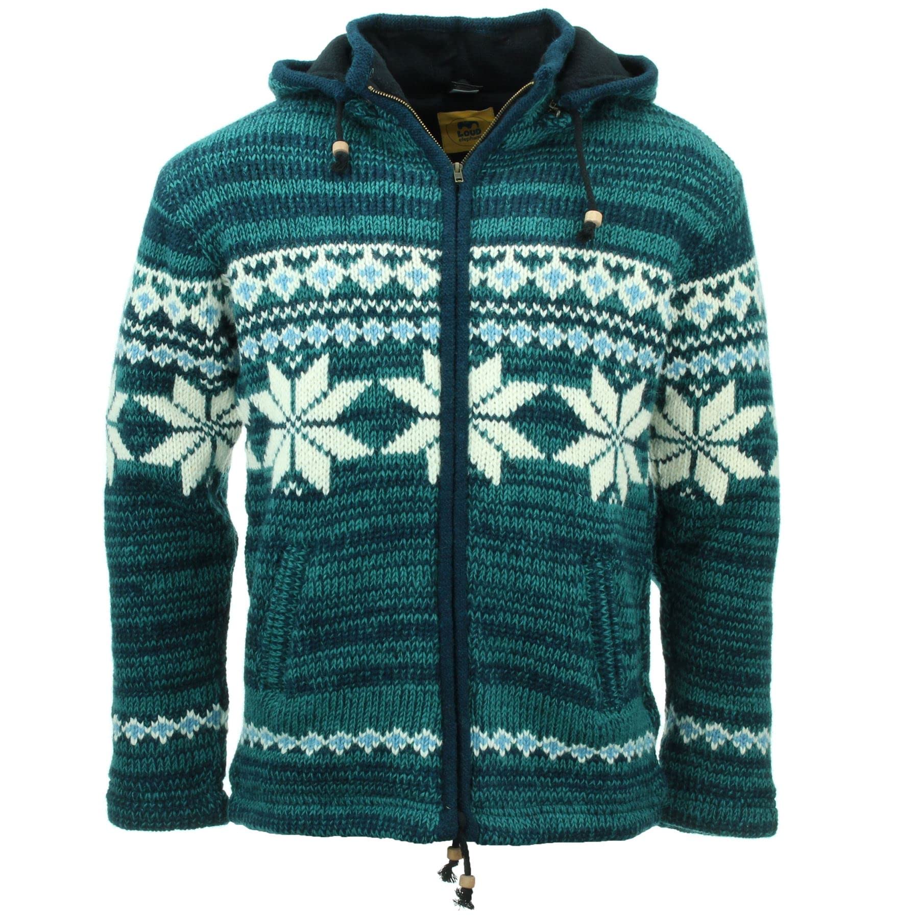 LOUDelephant Hand Knitted Wool Hooded Jacket Cardigan - Fairisle Teal (Medium)