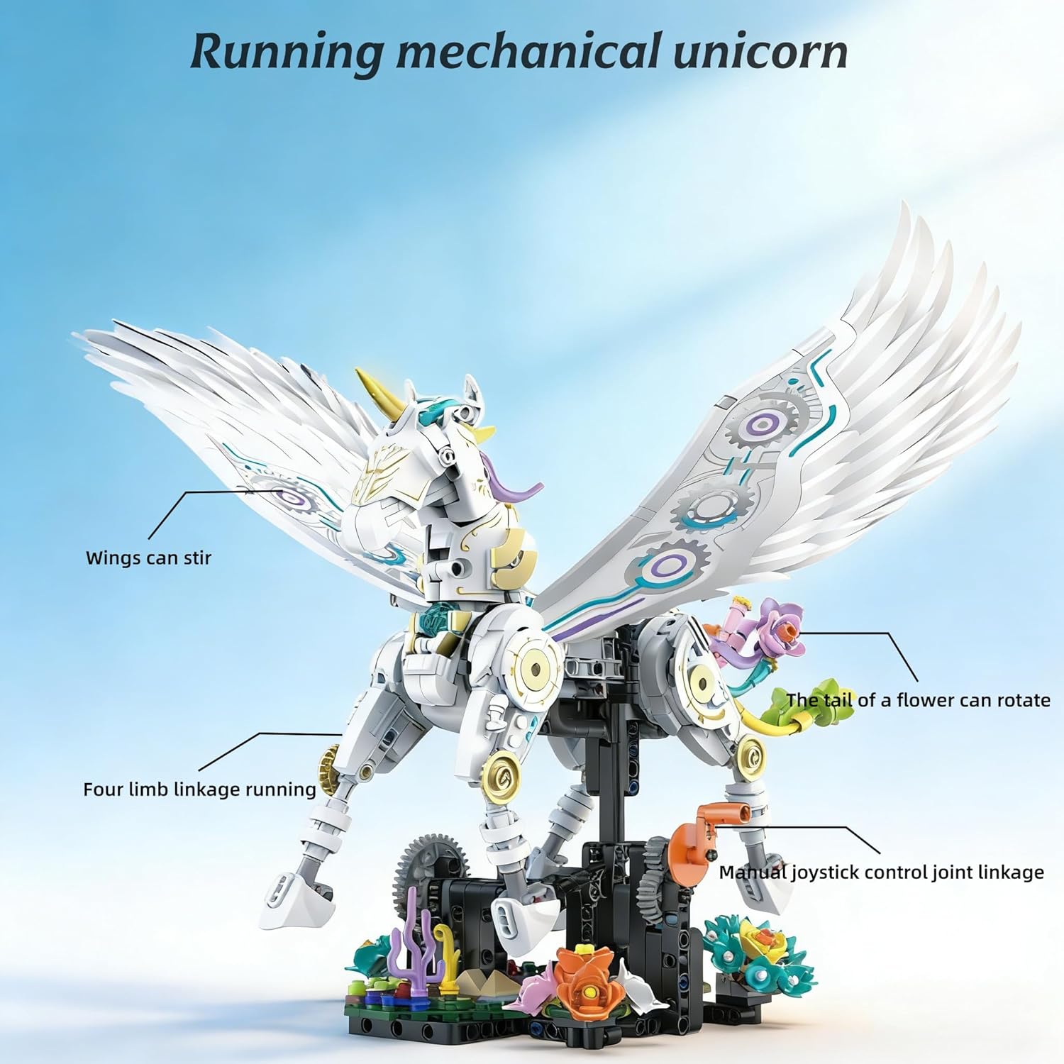 Magical Unicorn Building Set with Flower Display, Mechanical Linkage Animal Figures Kit Compatible with Lego Unicorn for Adults, Home Office Decor,Gift for Animal Lovers