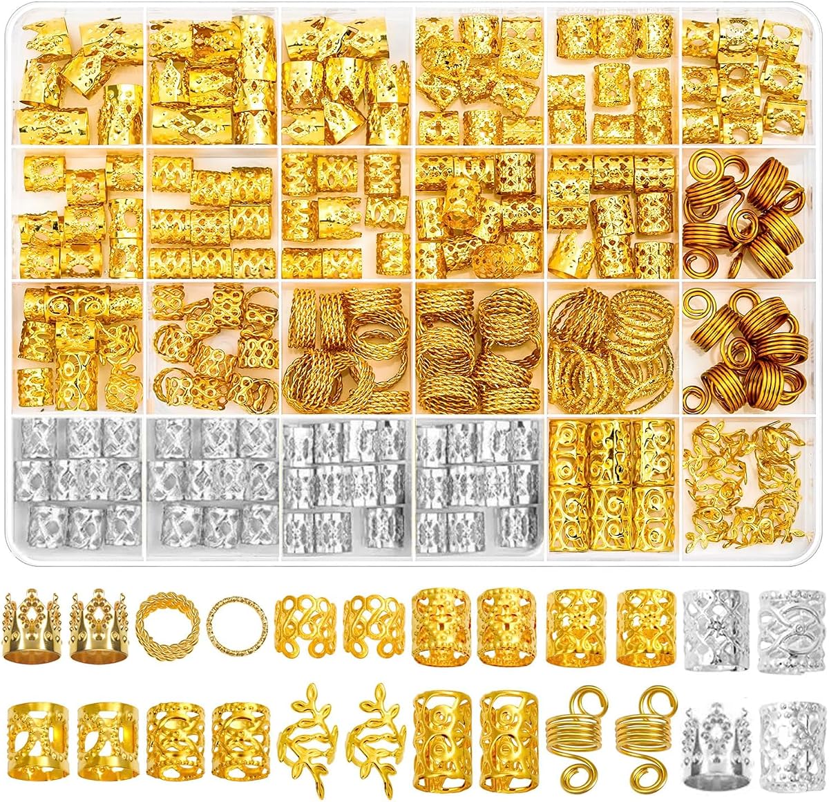 260PCS Gold Silver Hair Beads for Braids, Dreadlock Hair Accessories Set | Metal Hair Cuffs, Hair Clips, Charms Braiding Hair Jewelry for Women Girls Braids Dreadlocks Twist Hairstyle Decorations