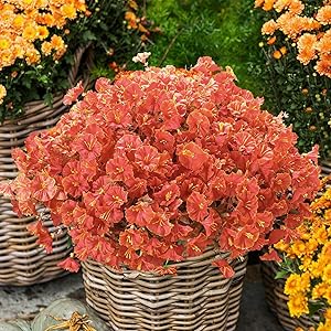 Lcuasc 10 Bundles Artificial Fall Mums with Eucalyptus, Faux Morning Glory UV Resistant Outdoor Decor - Autumn Orange Flowers for Front Door Porch Planter, Patio, Thanksgiving Christmas(Orange)