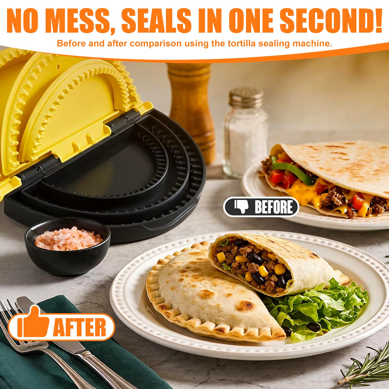 Sellador de Tortilla 3 en 1, 15,2-20,3-25,4cm Desmontable Maquina de Hacer Tortillas, Crimpadora para Envolturas, para Tostadas, Sandwichera, Bola de Masa Hervida, Burritos (Negro y Amarillo)