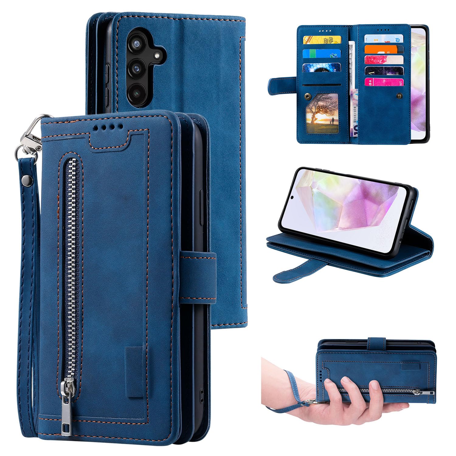 UEEBAI Wallet Case for Samsung Galaxy A35 5G, Retro 9 Card Holder Slots Zipper Pocket Handbag Case PU Leather Magnetic Closure Kickstand with Wrist Strap TPU Shockproof Flip Case - Blue