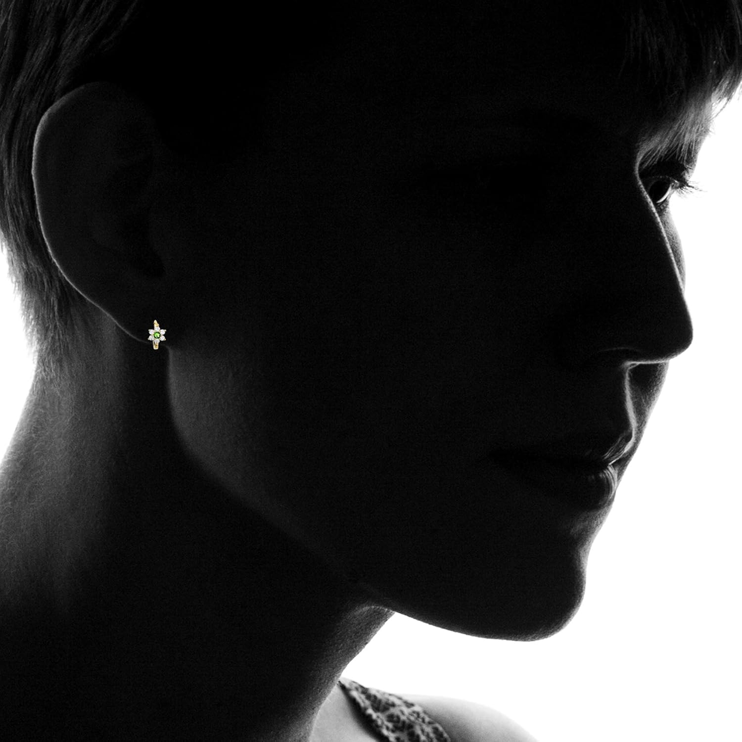 14K Yellow Solid Gold 6.5mm Daisy Flower AAA Cubic Zirconia Huggie Earrings | In Emerald, Pink, Red, Sapphire and Yellow | 6.50x10mm | Solid Gold Huggie Earrings for Women - Image 3