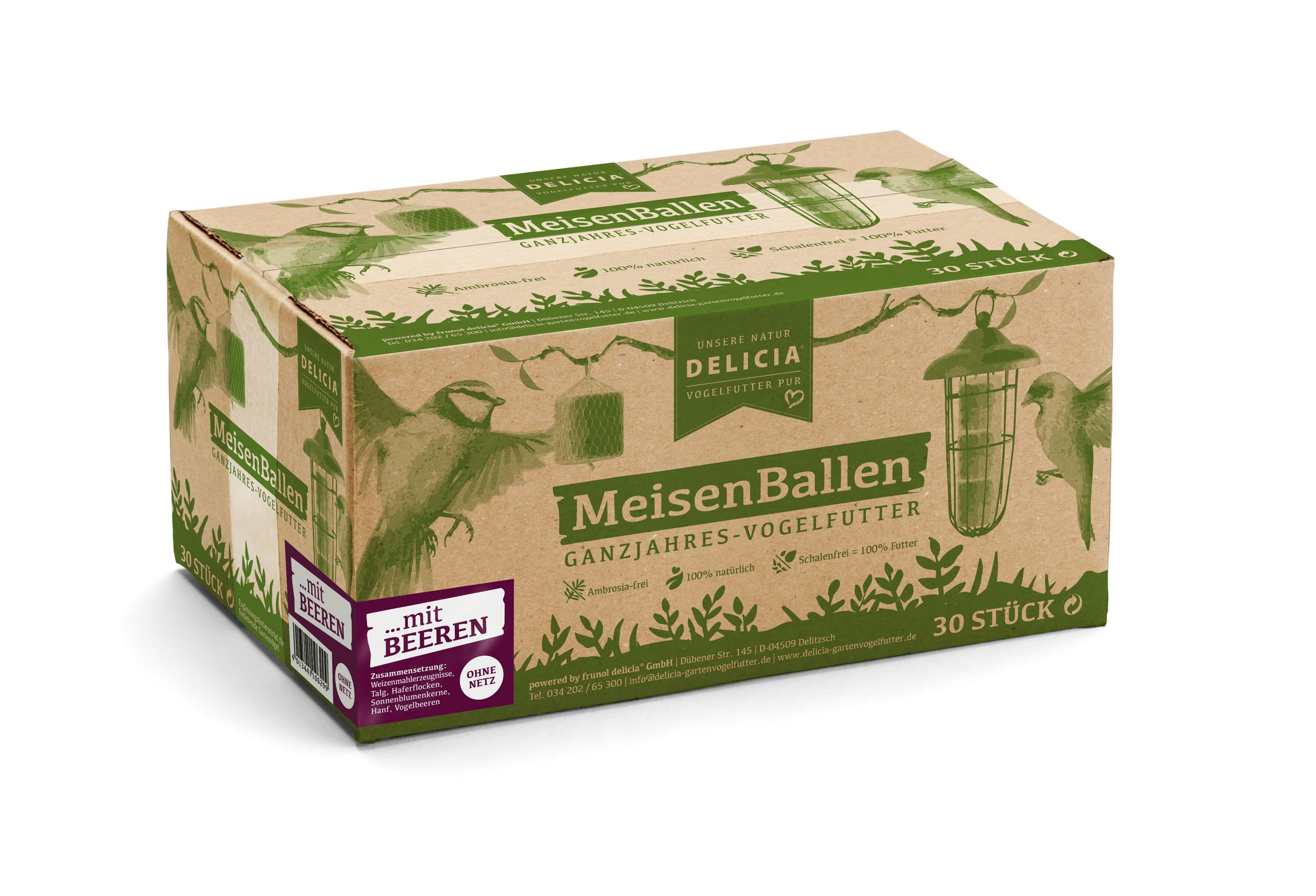 DELICIA Premium Meisenknödel Mit Beeren – 30 Stück Ohne Netz, Mit Aufhänger, Für Wildvögel Ganzjährig