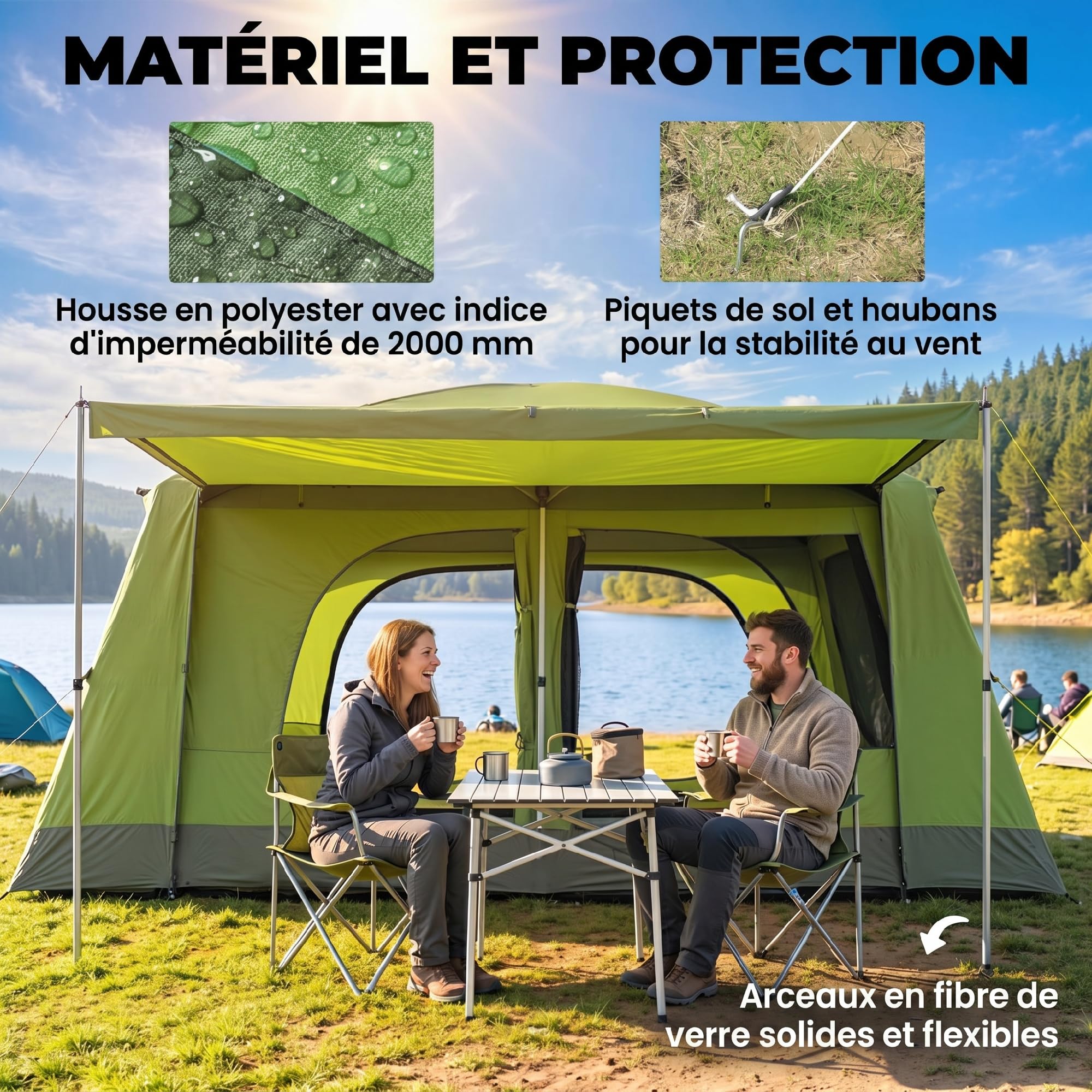 Outsunny Tente de Camping avec Porche pour 4 Personnes, Tente familiale légère Portable Facile à Installer, Sac de Transport et Crochet Inclus, pour Voyage randonnée, 405 x 305 x 225 cm, Vert