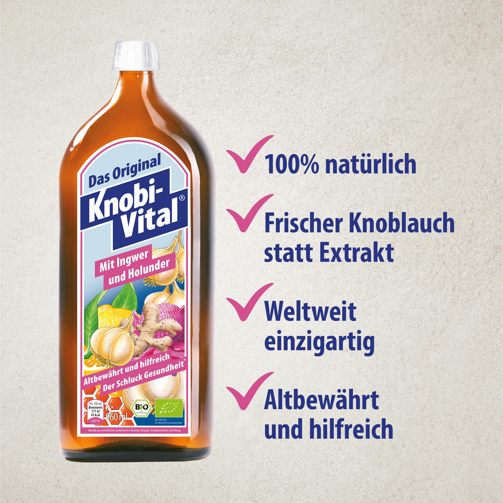 KnobiVital mit Kurkuma & Holunder Bio (3+1 Aktion: 4x960 ml) | Hochkonzentrierter Knoblauchsaft mit Kalium für normalen Blutdruck | Natürlich & ohne Zusätze