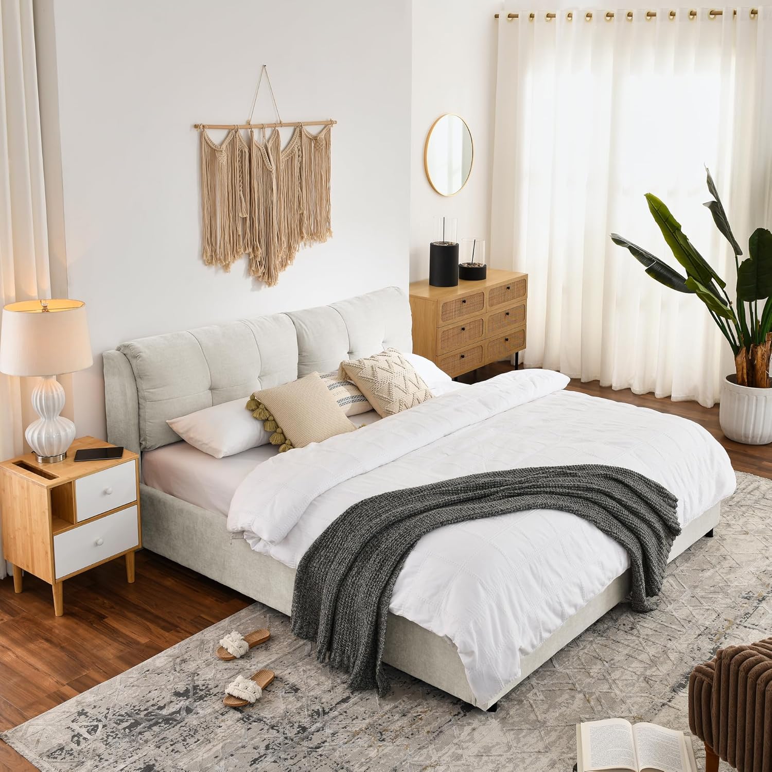 Lift Up Storage Bed King with Soft Headboard, Chenille Cloud Bed Frame, Upholstered Storage Beds with Hydraulic System & Solid Wood Slats Support, No Box Spring Needed, Beige