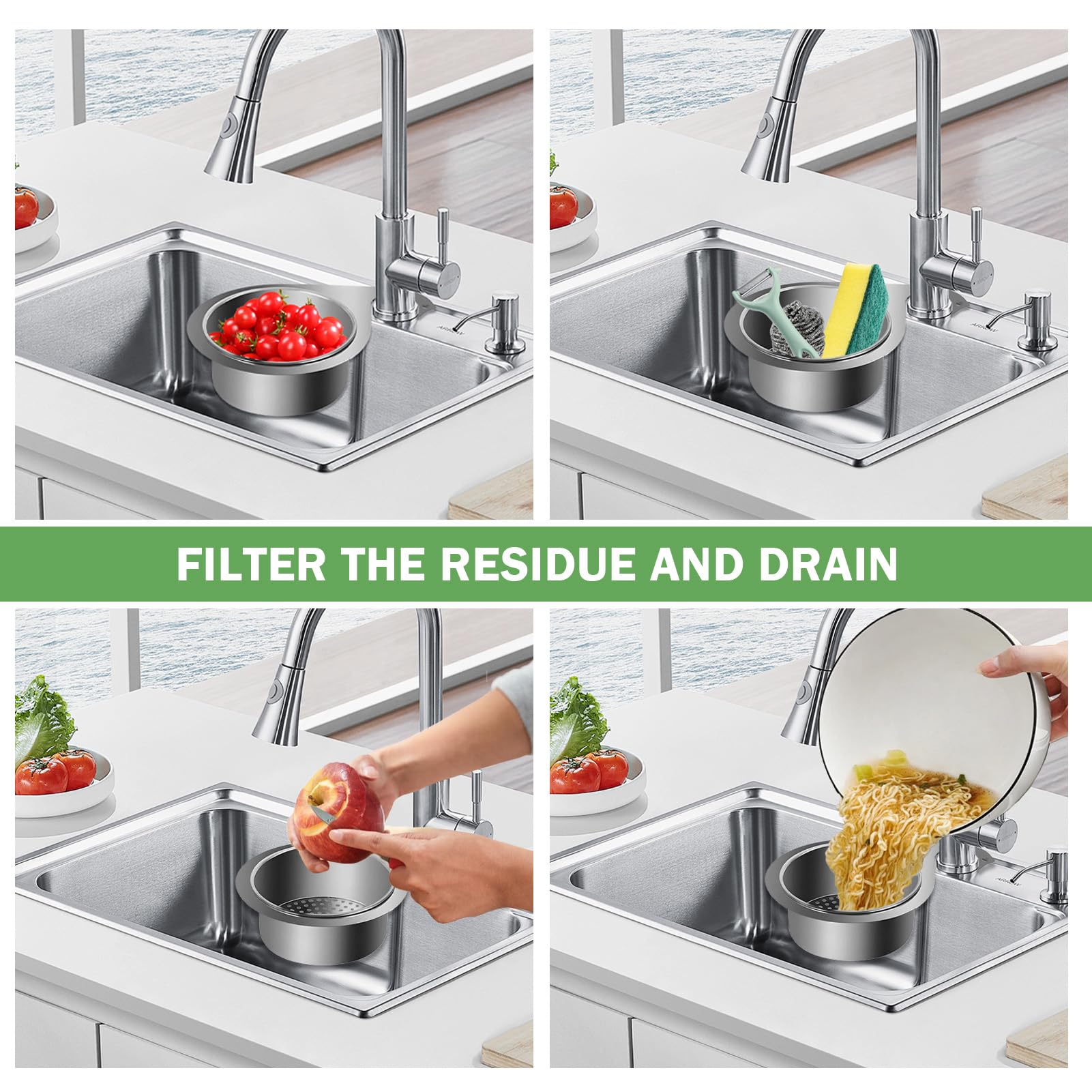 Cesta Filtro Fregadero Cisne Acero Inoxidable, Colador Extraíble, 2 Piezas
