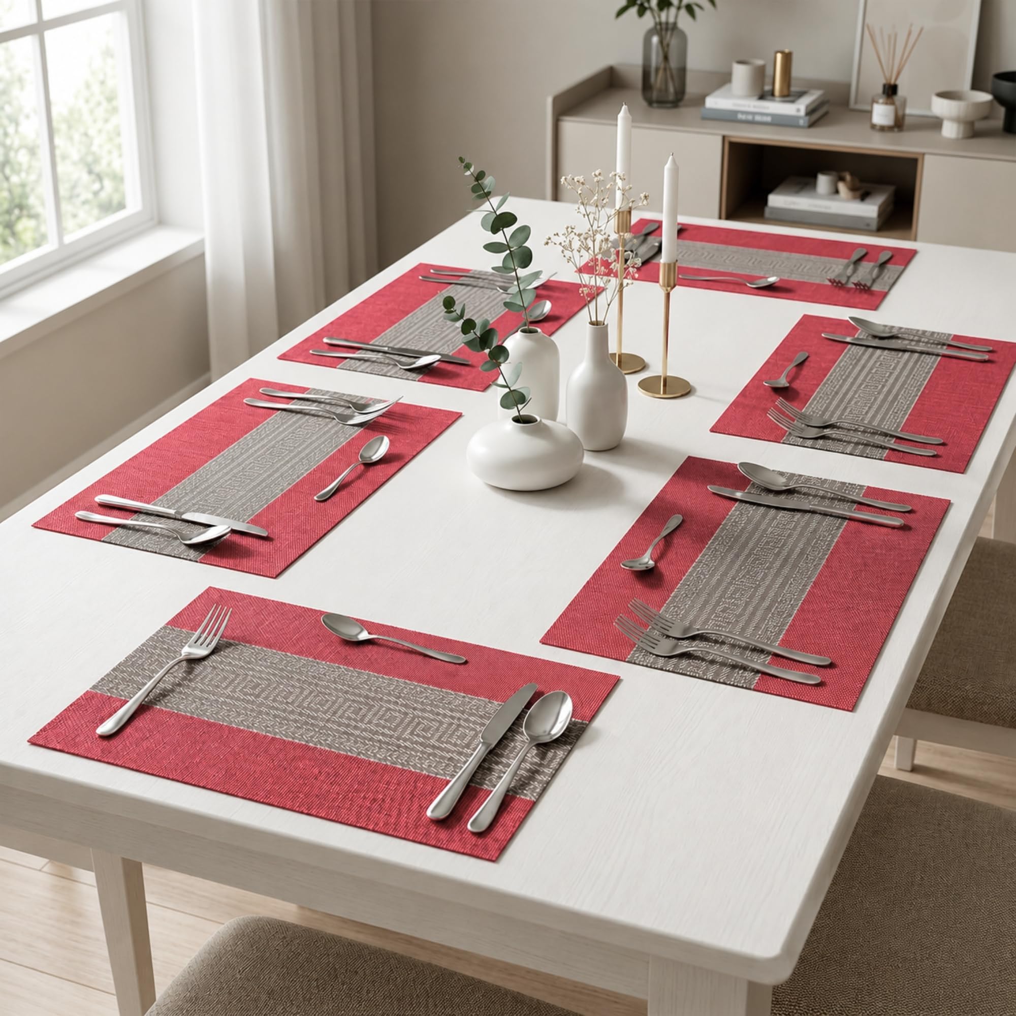 daiDokoro Rectangular Crossweave Woven PVC Vinyl Non-Slip Insulation Heat-Resistant & Waterproof Stain Resistant Washable Placemat for Dining & Kitchen Table-(Scarlet Red, Set of 6)