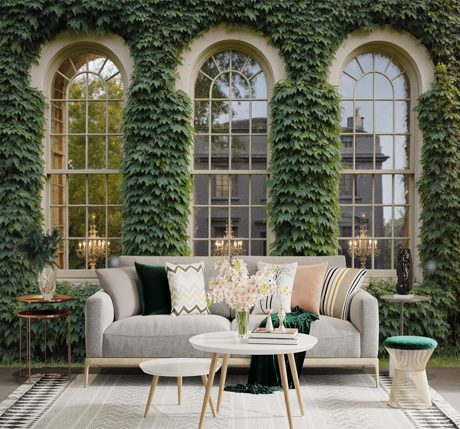 XLMING Three Dimensional Green Leaves Vines Arched Windows Pendant Lights 3D Wallpaper Silky Texture Home Study Office Grey Dining Room Sofa Bedroom Living Room TV Backdrop-400cm×280cm