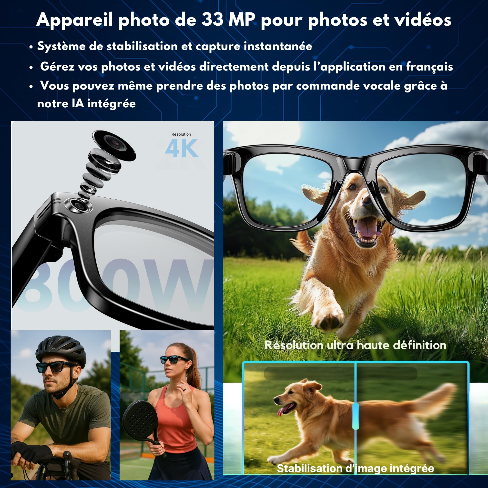 smartia – Lunettes intelligentes avec caméra, Étui de Charge Portable, Lunettes de Soleil Bluetooth, Kit Mains Libres avec IA intégrée par vocale, Smart Glasses et Traducteur en 20 Langues, 33 MP 4K