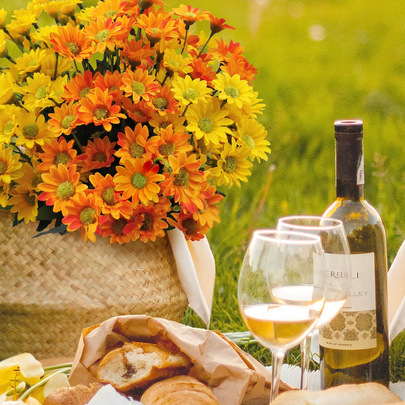 Aumsica 14束 人工デイジーフラワー フェイクシルク デイジー UV耐性 フェイクプラスチック 緑 低木 植物 屋内 屋外 ハンギングプランター ホーム ガーデン デイジー（造花｜造花・人工観葉植物）：花・観葉植物\u003c花