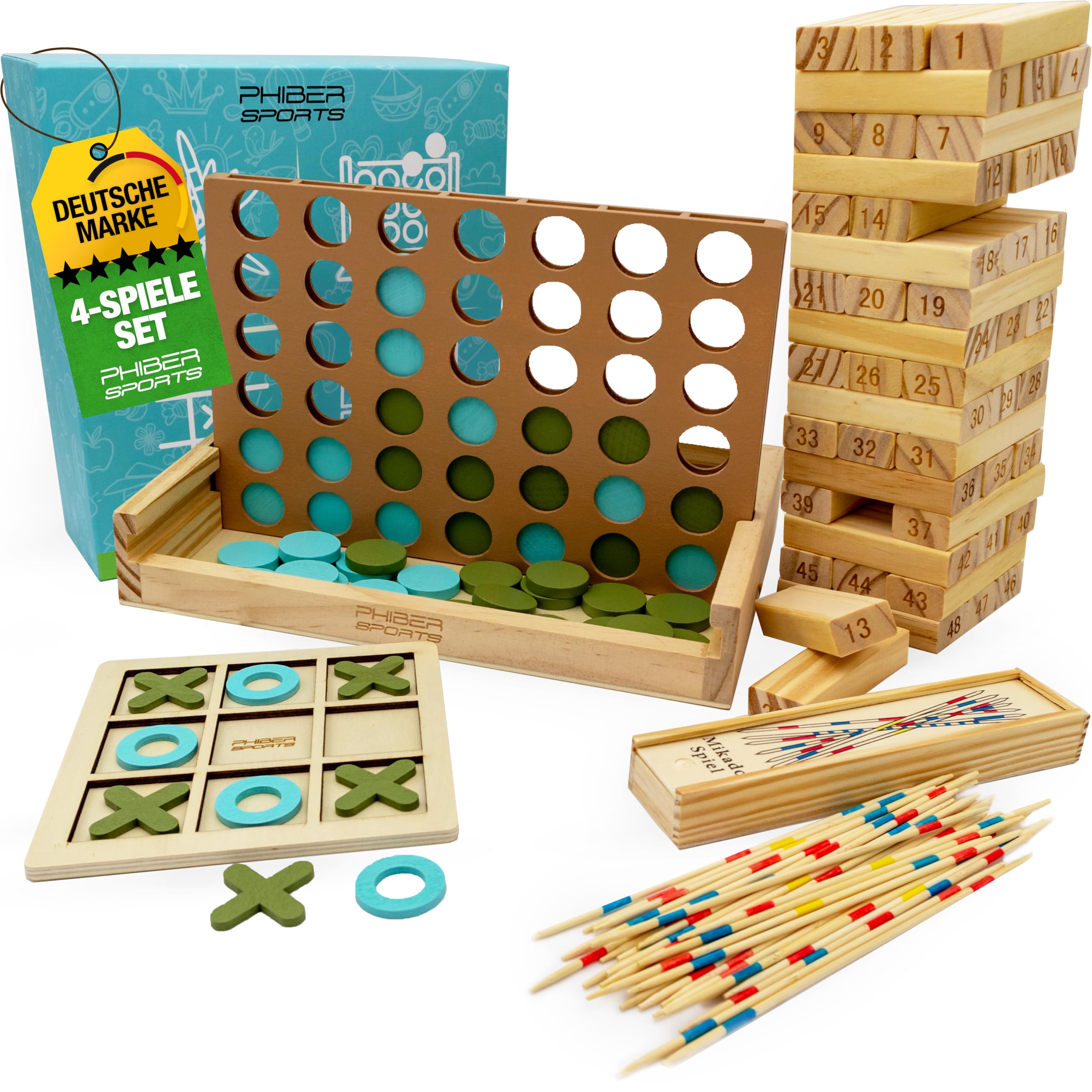 PHIBER-SPORTS 4-in-1 Holz Spielesammlung: Wackelturm, Vier-in-Einer-Reihe, Tic Tac Toe & Mikado Kinder & Erwachsene - Robust, Langlebig & Plastikfrei - Holzturm 4 Spiel