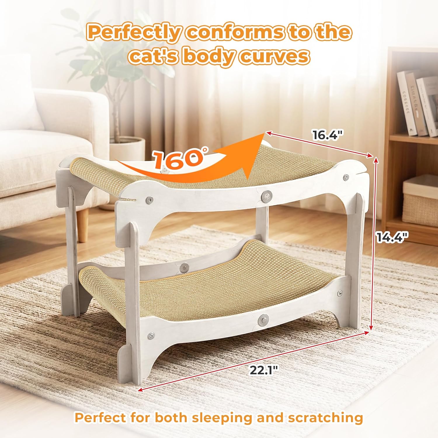 Two-Layer Sisal Cat Scratcher Bed - Large Scratching Board with Lounger Cat Scratch Pad, Sturdy Wooden Scratching Post for Indoor Kittens&Adult Cats, Easy Assemble Elevated Cats Bed Furniture