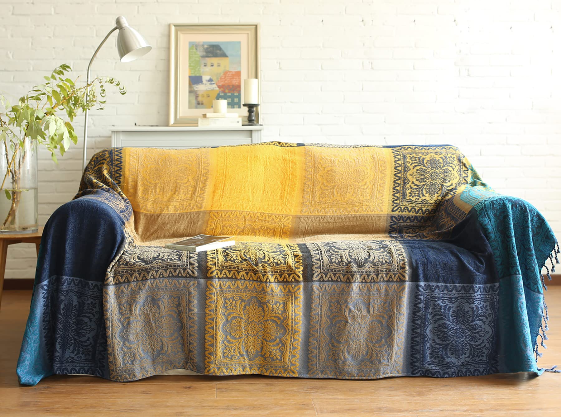 Wotcsil Plaid Coperta Boho Floreale in Cotone per Divano Letto Blanket Boho Coperta Reversibile Bohemien Copridivano Copriletto Poltrona Divano, Arancione Blu, 150x200cm