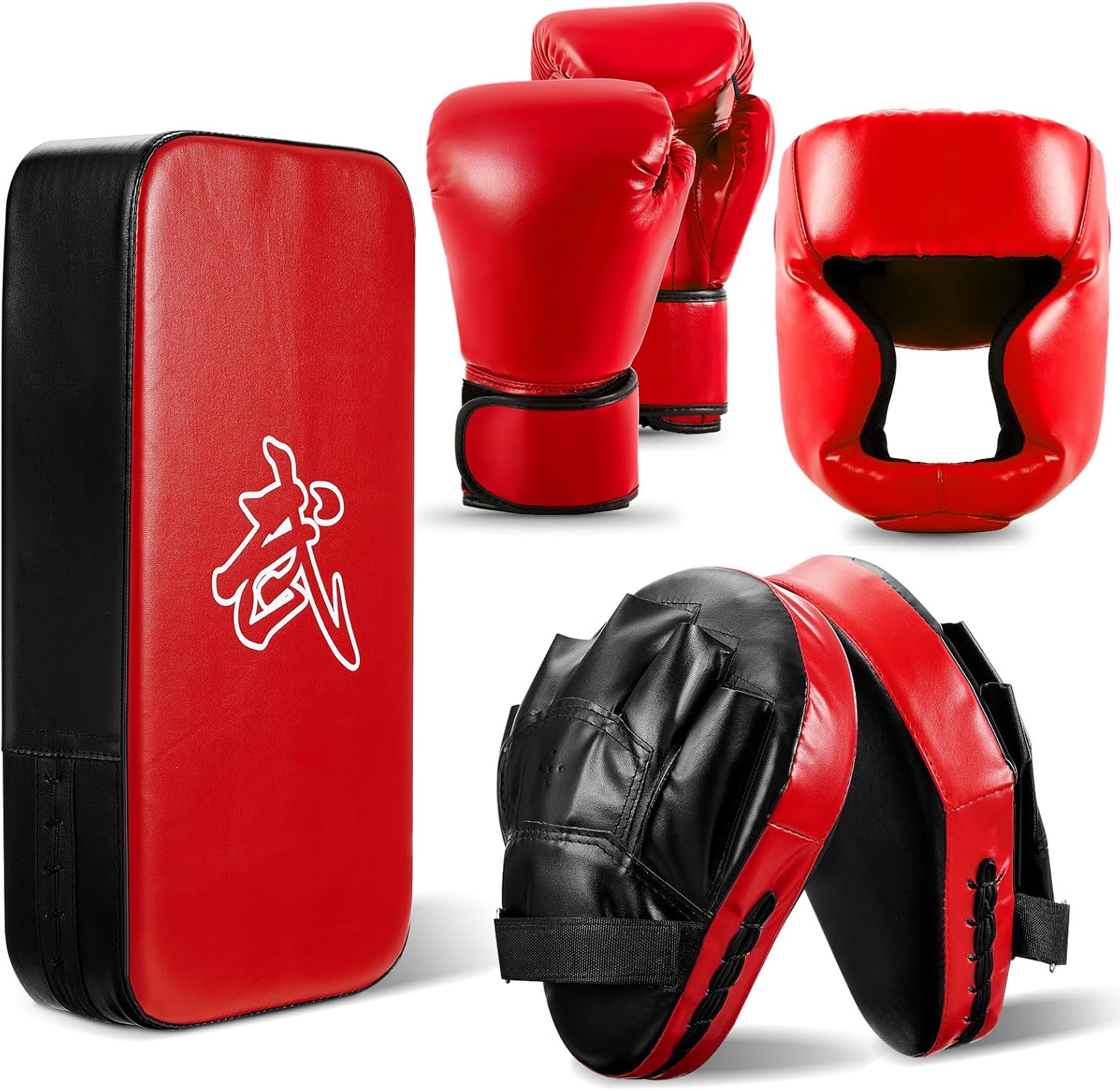 Foilswirl 5-in-1 Kids Boxing Pads Gloves Kick Punching Mitts Set with 1 Pair of Gloves, 2 Pcs Pads Taekwondo Kick Pad and Head Guard for Youth Beginner Training Kickboxing Karate Thai