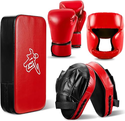 Juego de guantes de boxeo 5 en 1 para niños, guantes de boxeo con 1 par de guantes, 2 almohadillas de taekwondo y protector de cabeza para jóvenes