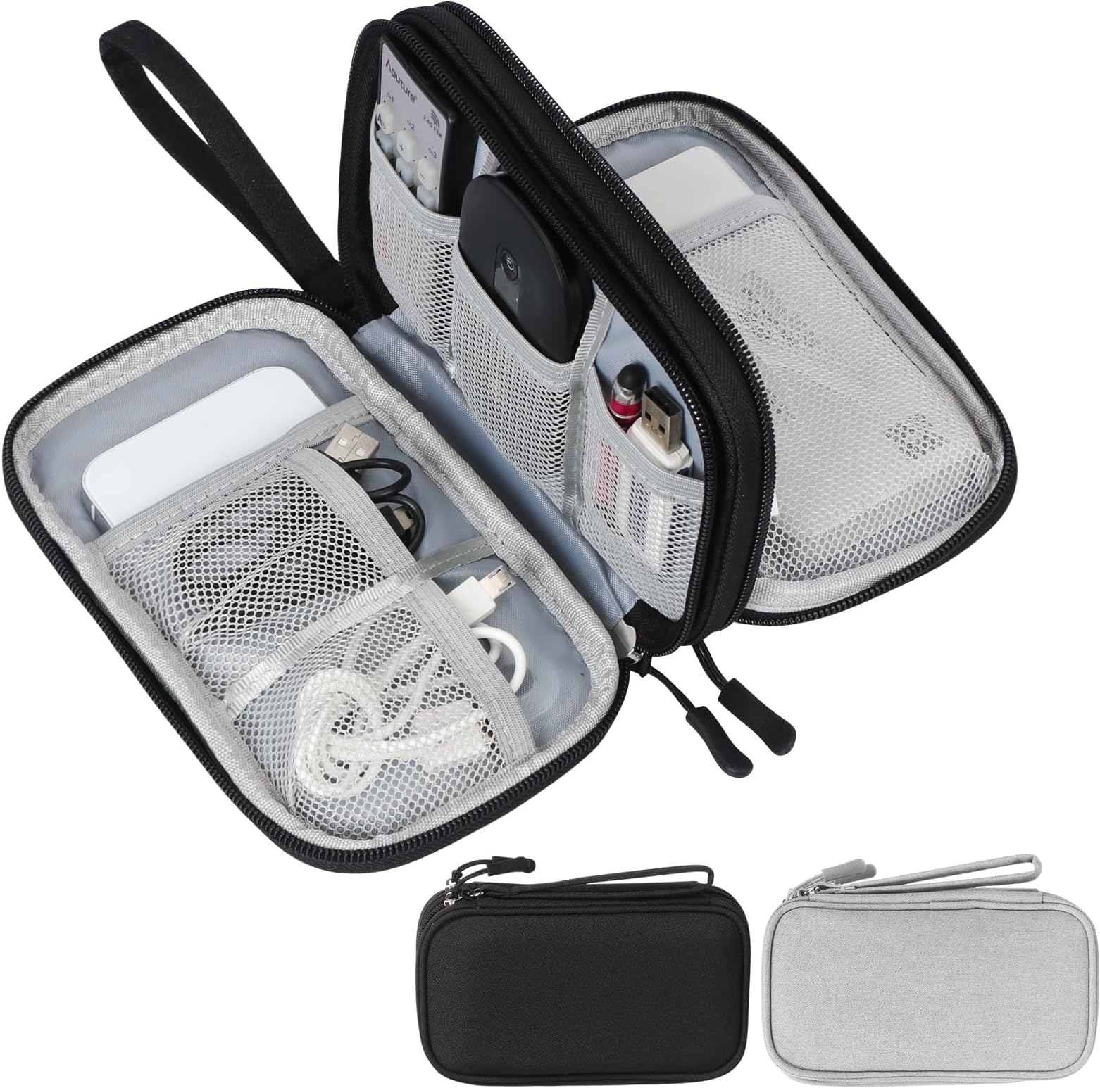 Skycase Travel Cable Organiser Bag, Electronics Accessories Organizer Bag Double-Layer Storage Bag for USB Data Cable,Earphone Wire,Power Bank,21 x 12.5 x 6.5cm Black/Grey 2 Pack