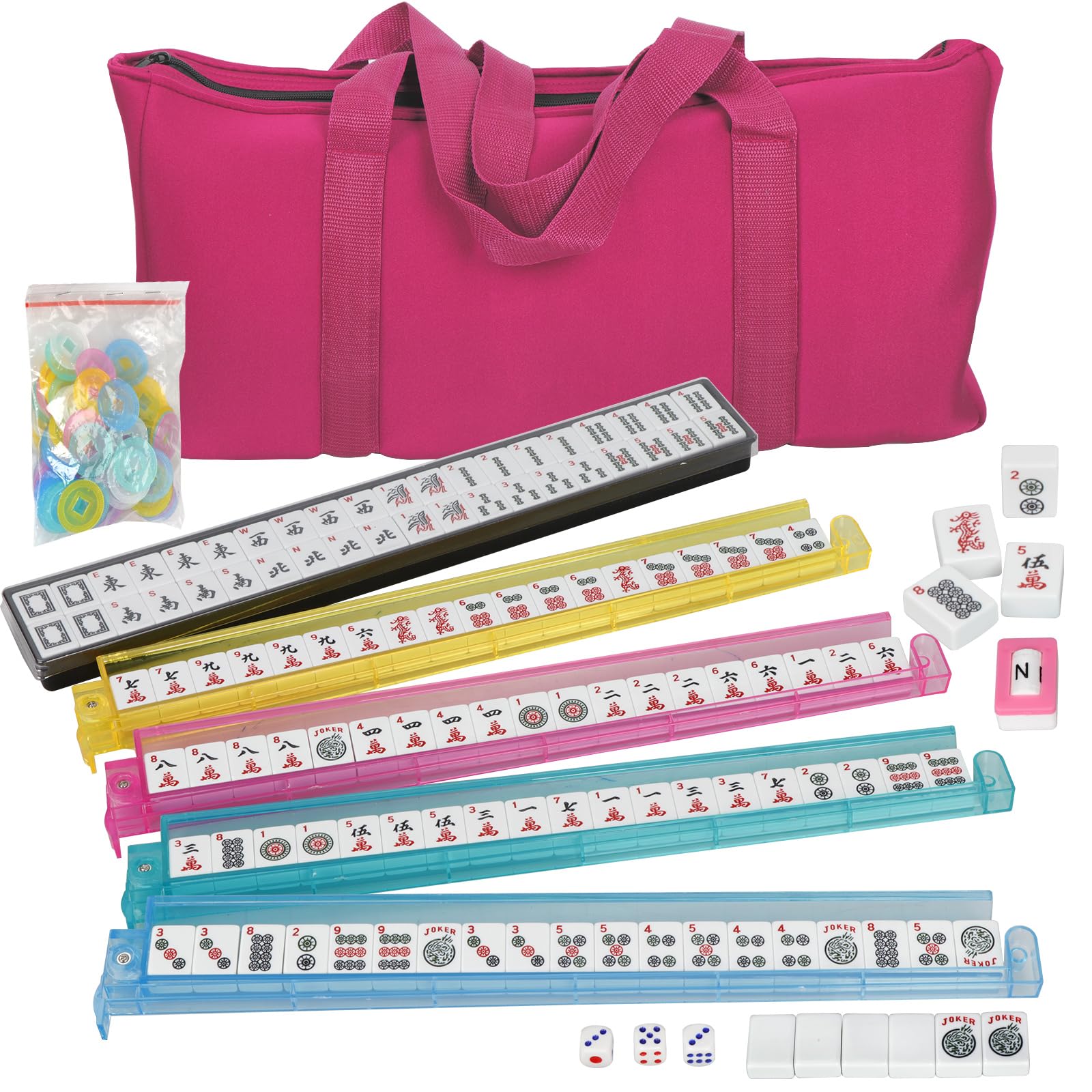 LEMY 166 Tiles American Mahjong Set w/Soft Carrying Bag - Classic Full Size Complete Mah Jongg Set - 4 Colored All-in-One Racks/Pushers - Rules Included, Cream White