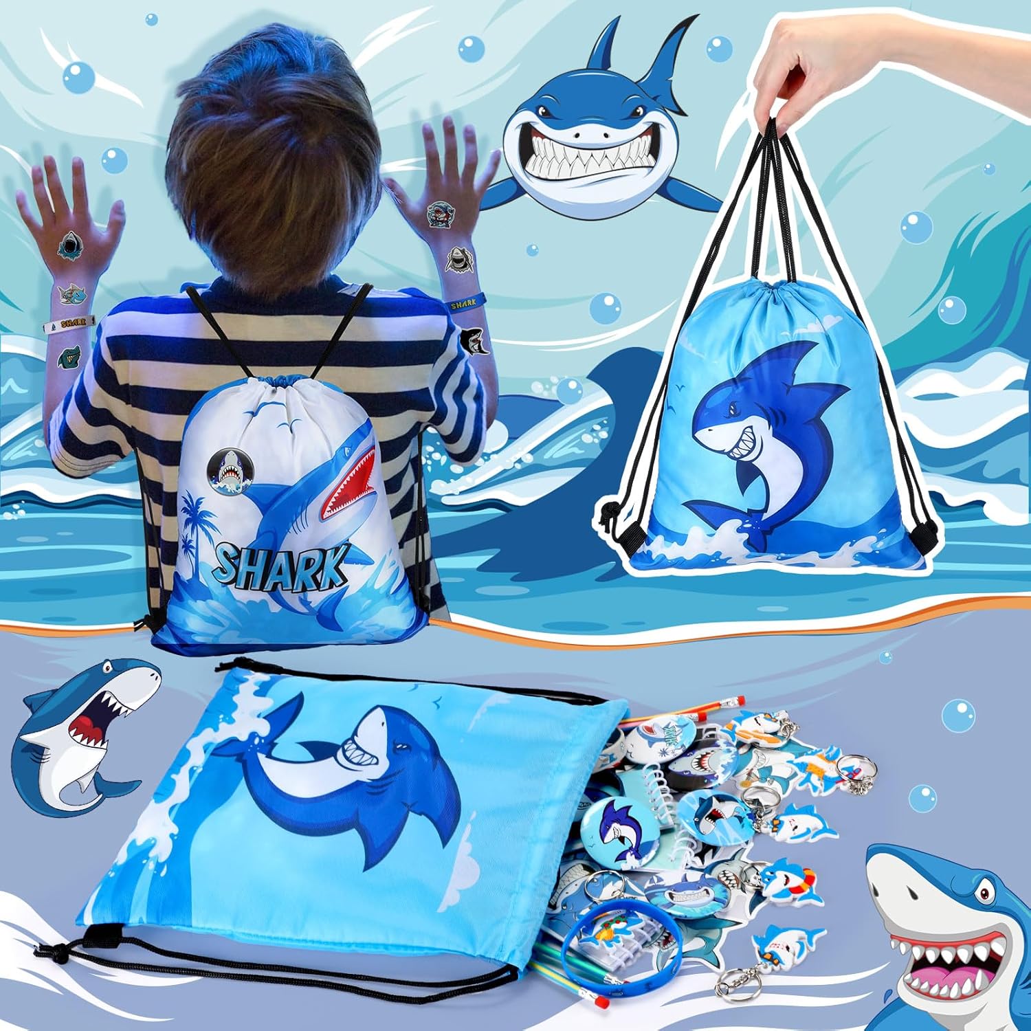 Qilery 140 Pcs Shark Birthday Party Favors Shark Bracelet Drawstring Bags Keychains Badge Sticker Notebook Bendable Pencil Stress Relief Toy for Ocean Theme Decorations