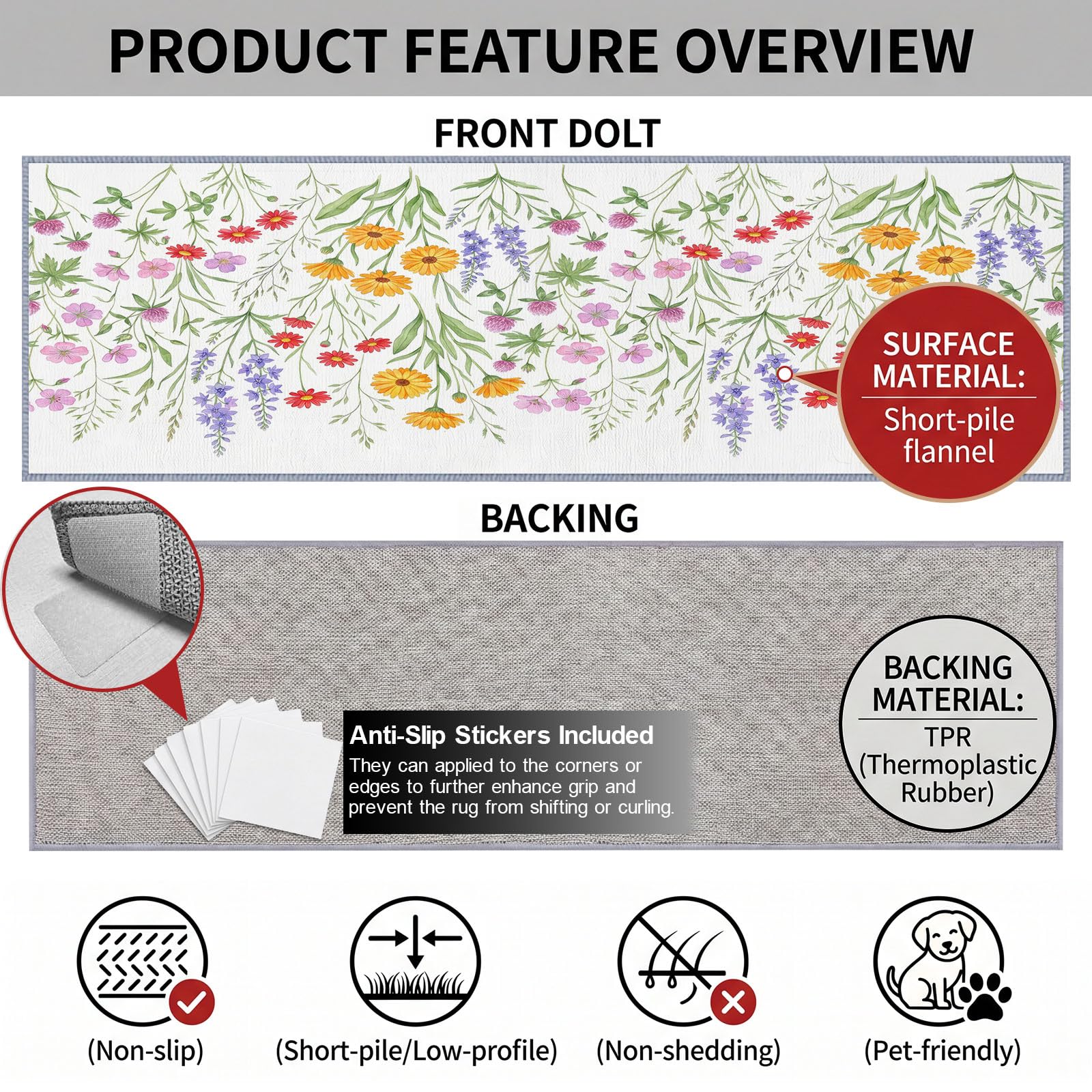 Fleurs Sauvages Prairie Tapis Couloir Lavable en Machine 60x240cm
