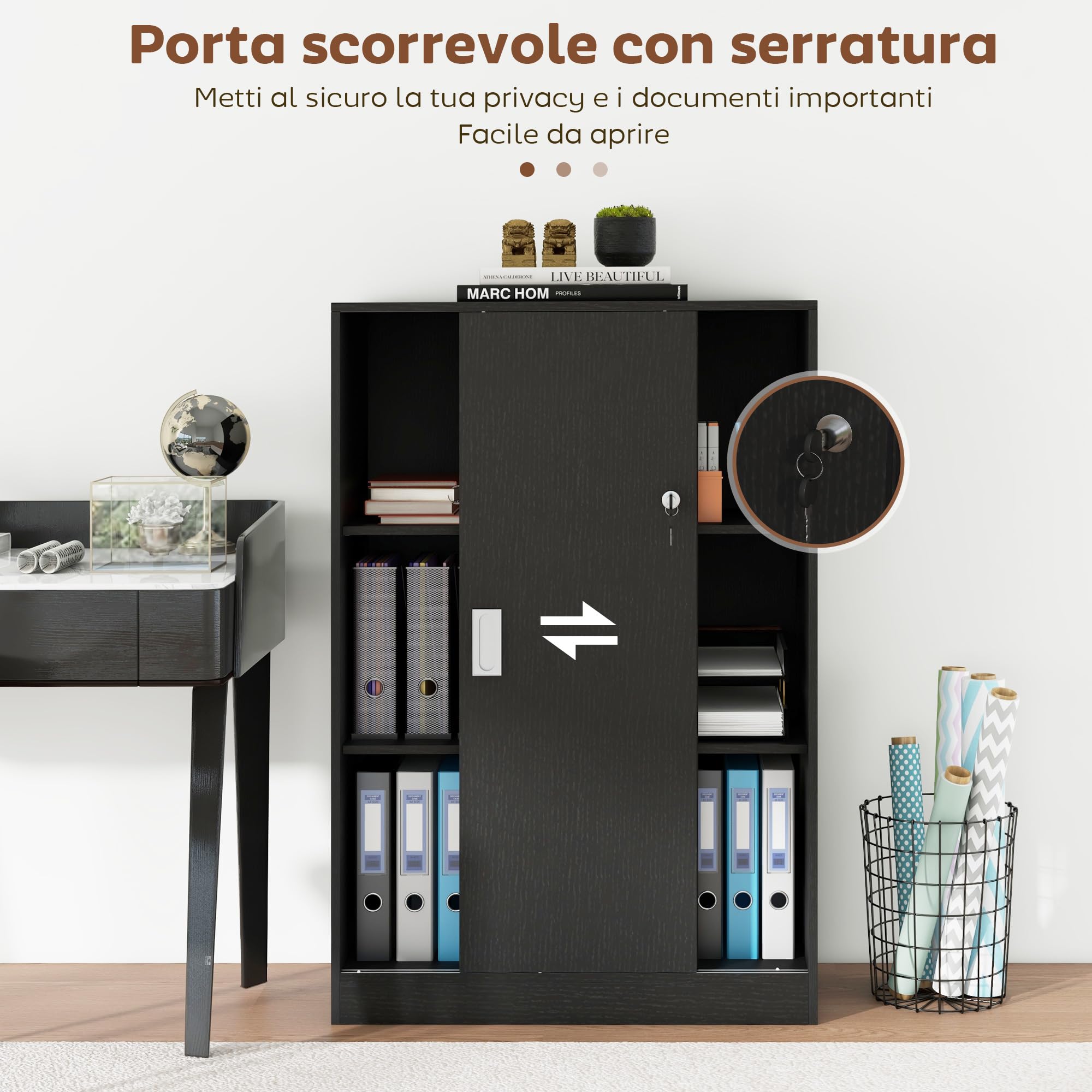 HOMCOM Armadietto da Ufficio a 3 Ripiani e ad Anta Doppia, Mobiletto Armadio da Ufficio in Legno, Mobiletto Multiuso con Chiusura e 2 Chiavi di Sicurezza per Studio, Garage e Soggiorno, Nero