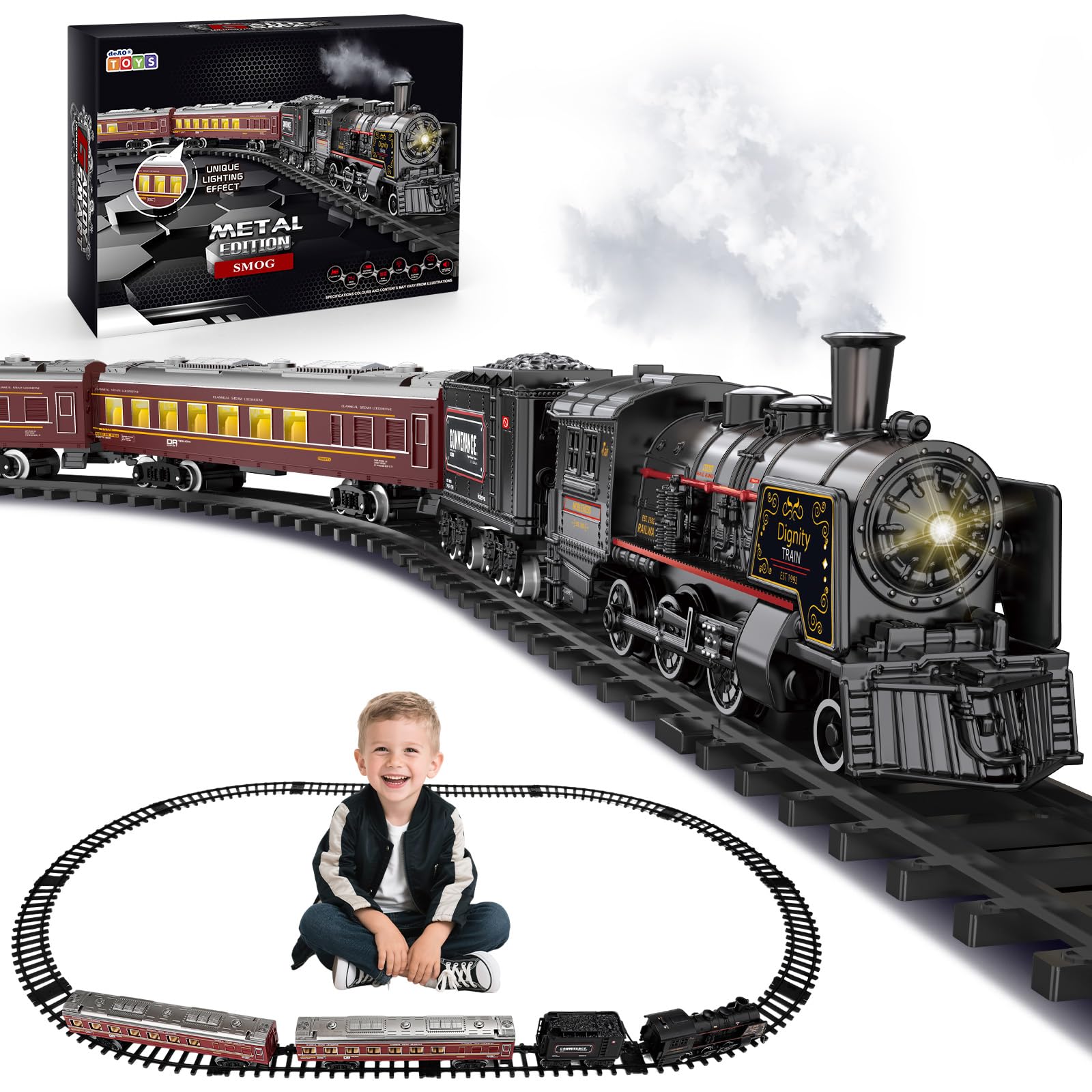 deAO Trenino Natalizio, Trenino Elettrico Classico con Binario Ovale - a Vapore Vintage con Vagoni Illuminati, Vapore e Suono - Regalo Perfetto per Bambini dai 3 4 5 6 Anni+, Nero