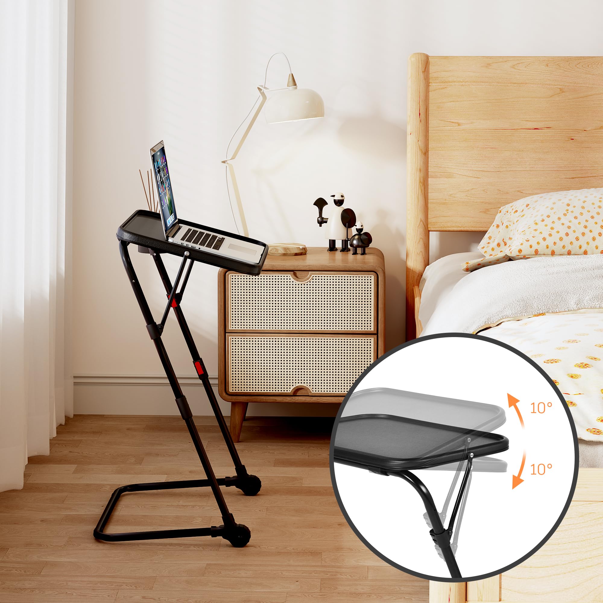 MEUBLE Cosy Mesa Auxiliar Plegable Ajustable, Mesa para Sofá con Tablero Inclinable, Portavasos, Mesa Lateral sin Montaje para Salón, Cama, Sofá y Espacios Pequeños, Negro