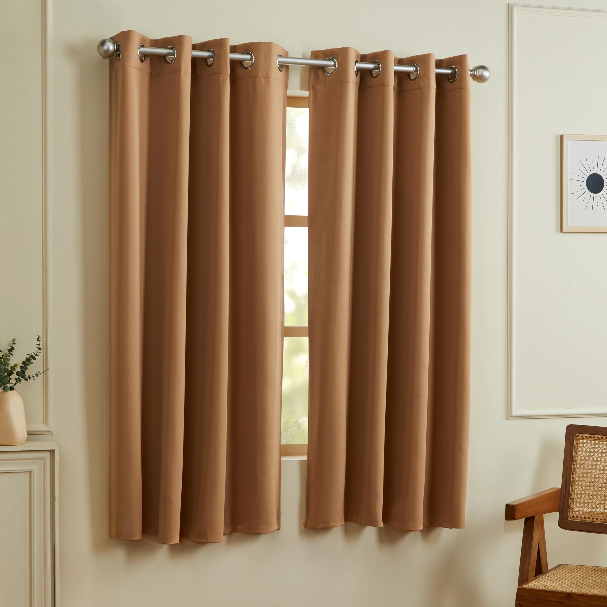 Amazon Brand - Solimo Polyester 100% Blackout Plain Window Curtains|100% Room Darkening| Blackout Window Curtains| 5 Feet |Set of 2| Plain Design | for Living Room Kids Room and Bedroom | Brown Light