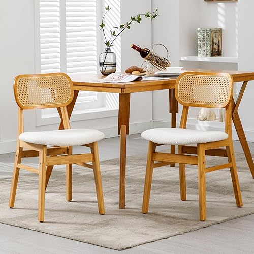 Miniatura 2 de ROCITY Juego de 2 sillas de comedor de ratán de tela de lino beige, sillas de cocina de madera natural, sillas auxiliares bohemias de granja