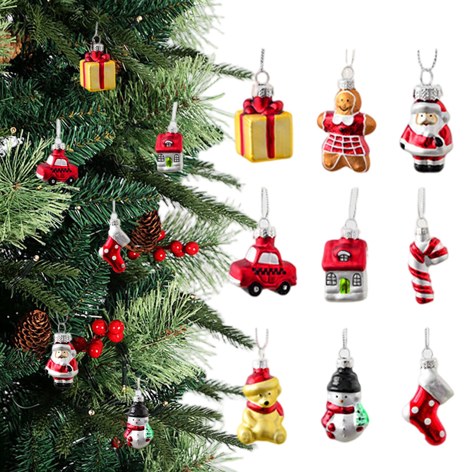 9Pcs/Set Vintage Christmas Ornaments, Cute Glass Mini Christmas Ornaments Gingerbread Santa Snowman House Car Pendants for Xmas Tree Vintage, Decor, Mini Chris