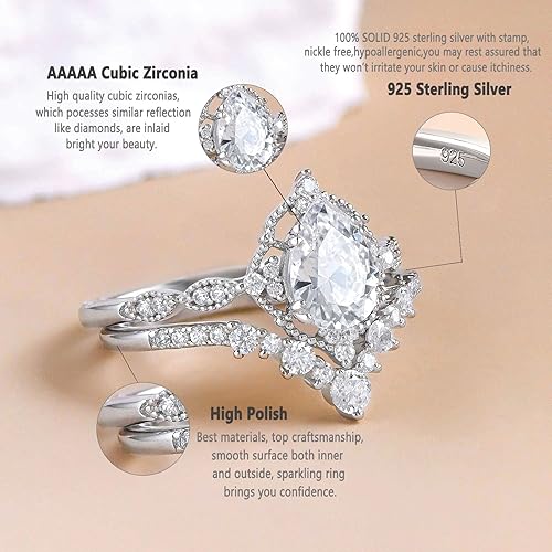 Miniatura 2 de Newshe Jewellery Anillos de boda para mujer, juego de anillos de compromiso con circonita cúbica, plata de ley 925, forma de lágrima de pera, boda,