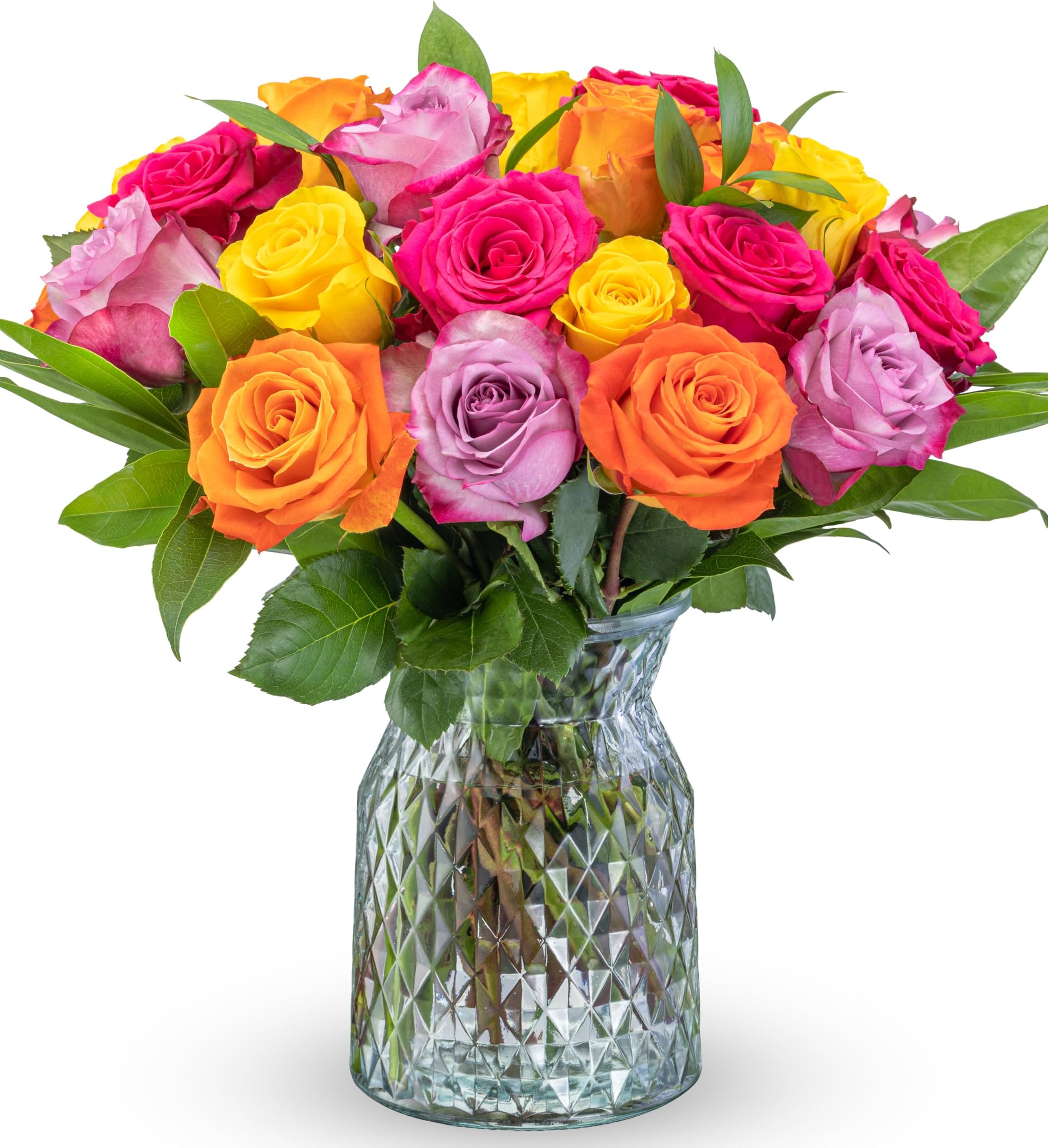 Benchmark Bouquets Two Dozen Long Stem Rose Bouquet – Real Fresh Flowers for Delivery – Mother’s Day Roses Assorted Colors – Gifts for Mom, Birthdays & Celebrations – Glass Vase Included