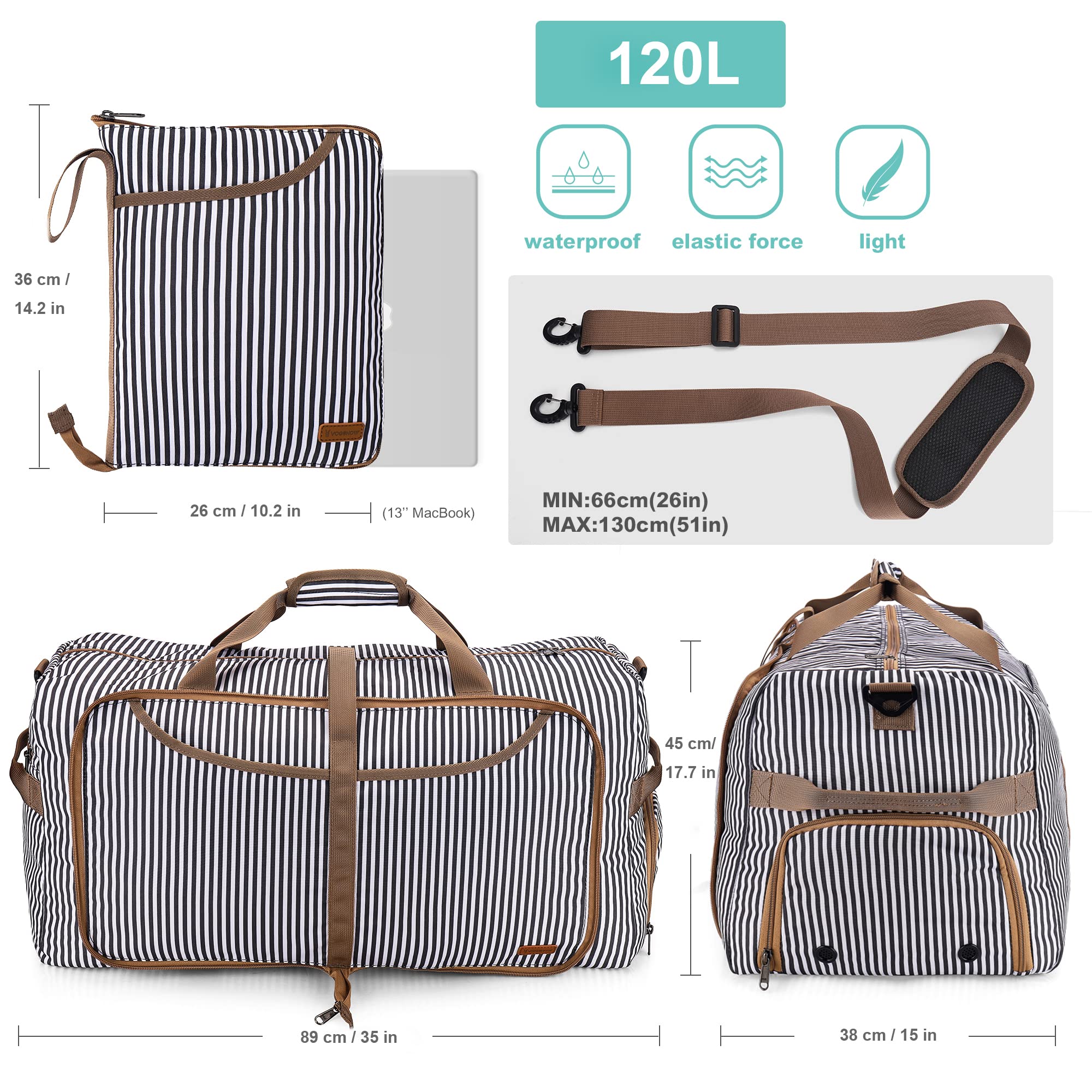 Vogshow Sac de Voyage Femme et Homme Pliable Grand 120L Sac Weekend Imperméable Sac de Sport avec Compartiment à Chaussures