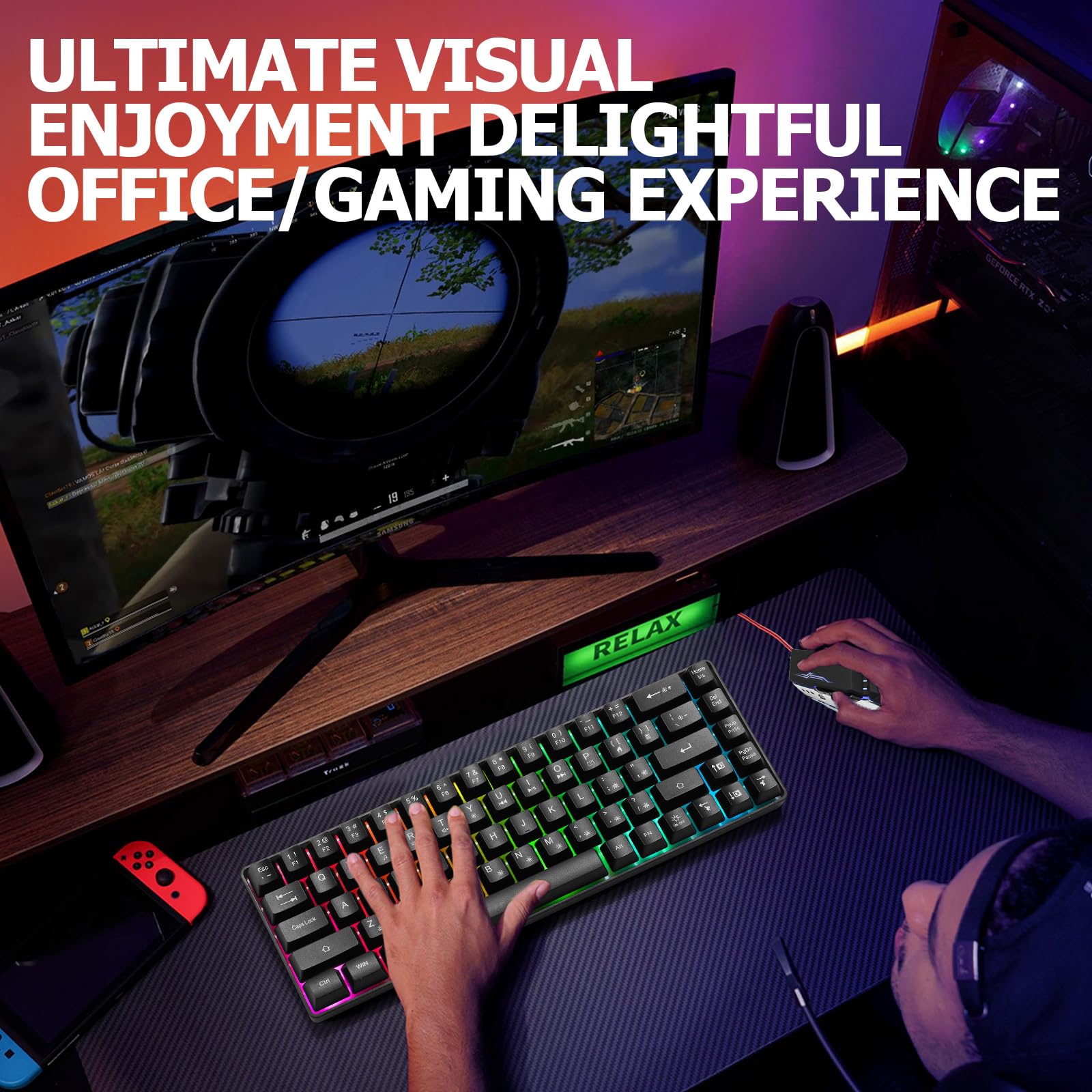 Guiheng Tastiera da gioco cablata al 60% e mouse, ultra-compatta a 61 tasti RGB retroilluminata, leggera ottica 3200 DPI, set da gioco cablato per Windows, PC, Mac, PS5, Xbox Gamer, (nero)