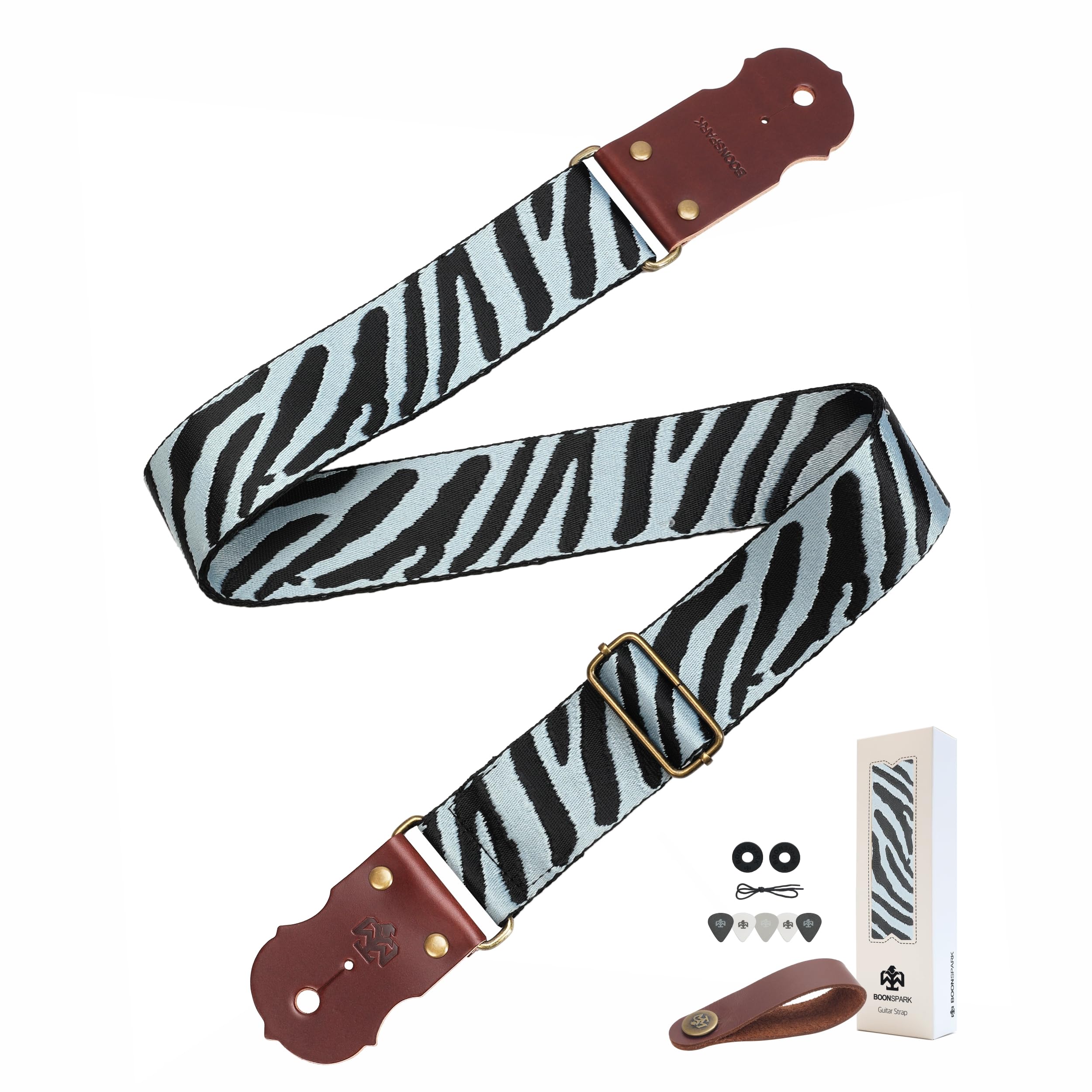 Zebra Guitar Strap - Real Thick Cowhide Ends,Safe Durable,2in Wide Soft Jacquard Embroidered Cotton Adjustable Guitar Straps for Acoustic,Bass &amp; Electric Guitars,Guitarists Gift Set