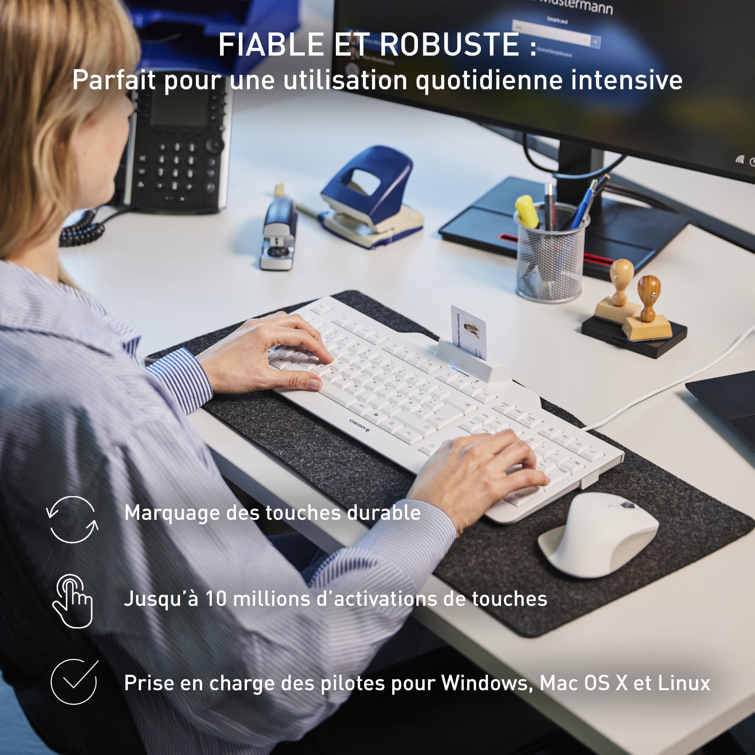 CHERRY Smart Board 1150, Clavier de Sécurité Filaire avec Lecteur de Carte Intégré, Disposition Belge (AZERTY), Plug & Play (USB-A), Design Plat, Noir