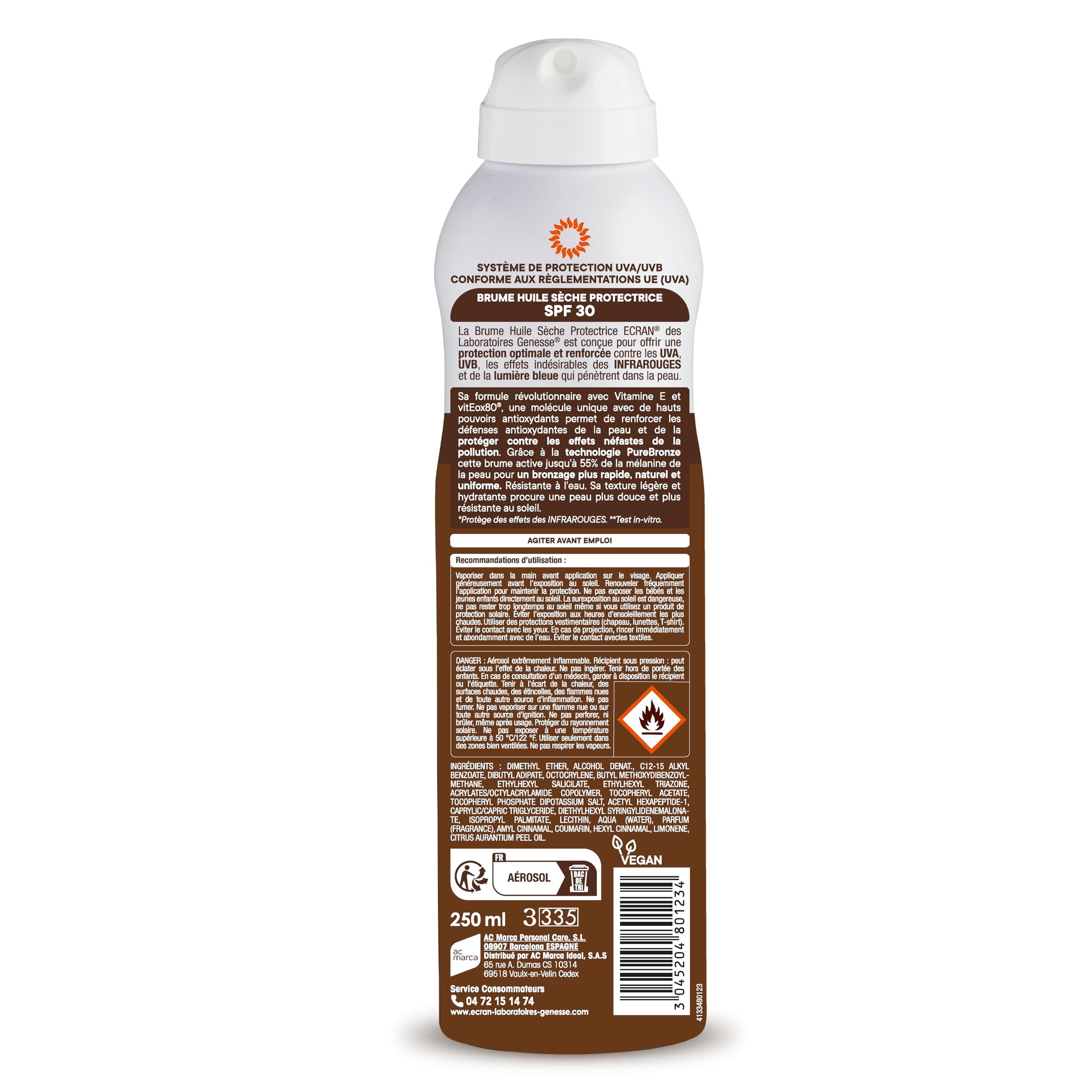 ECRAN® - Brume Huile Activatrice de Bronzage - Haute Protection - Technologie vitEox80 - Vitamine E - Protection UVA, UVB, Lumière Bleue, Coups de Soleil - Protection Solaire SPF 30 - Bronzage naturel