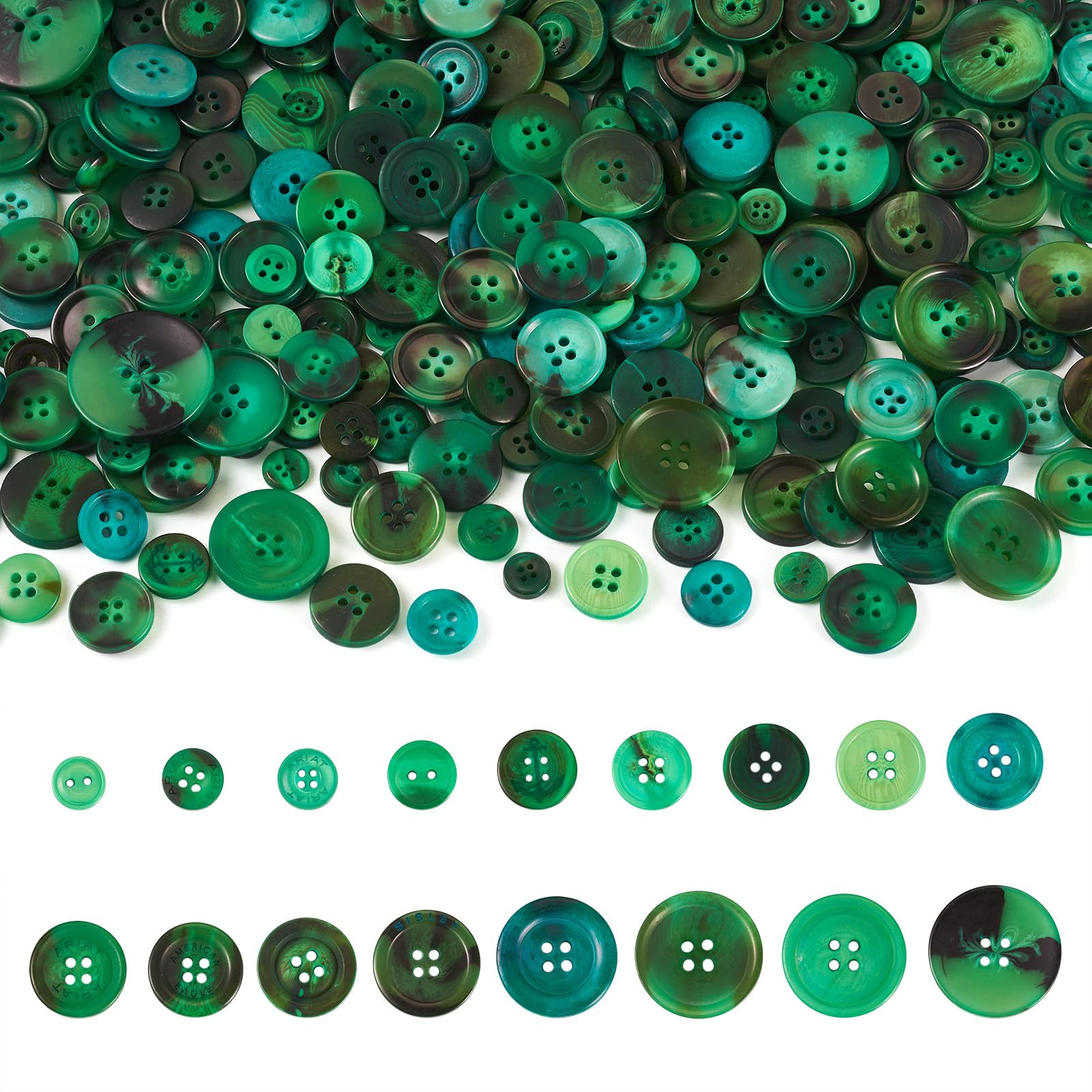 FASHEWELRY 400-600 Pcs Resin Buttons 7-25mm Colorful Resin Sewing Craft Manual Button 2 Hole 4 Holes for DIY Knitting Crochet Crafting Handmade Ornament, Green