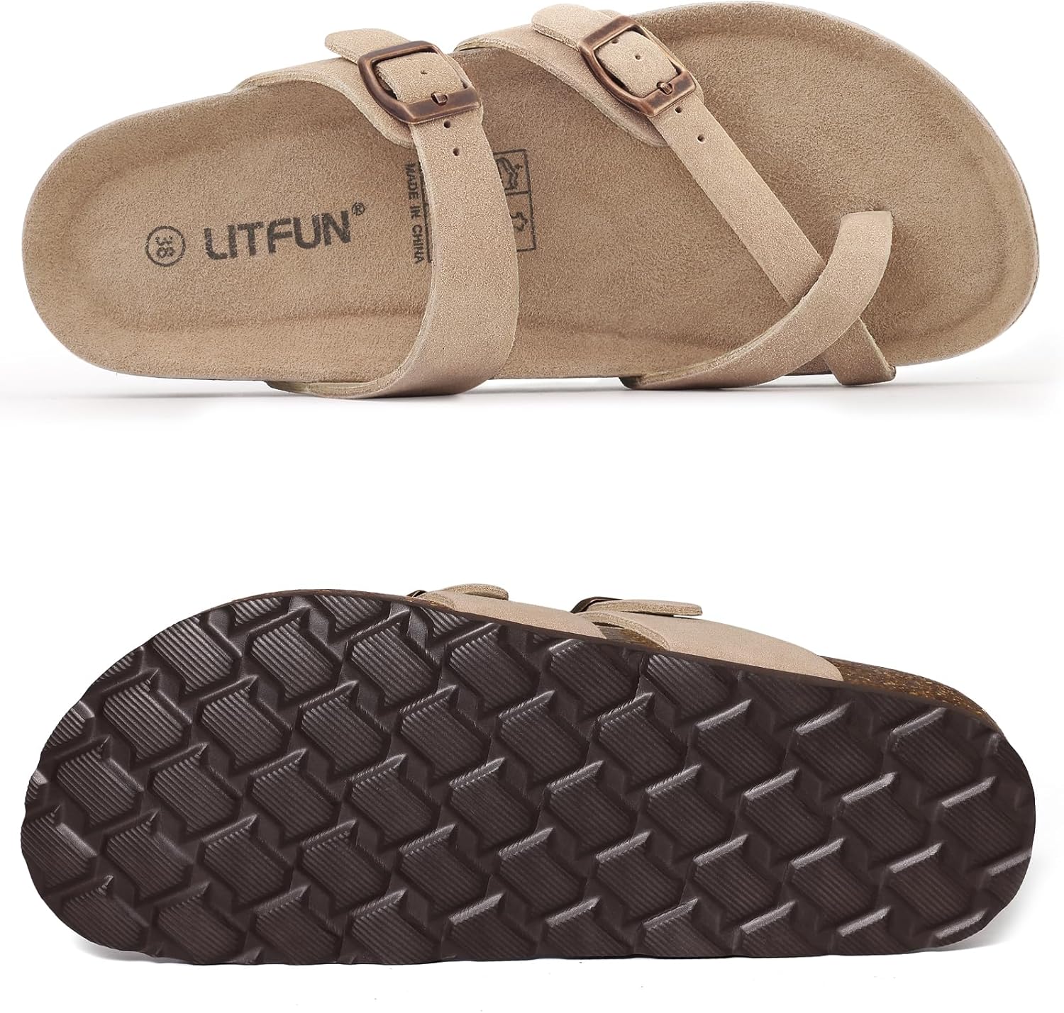 Litfun Women's Genuine Suede Cork Footbed Sandals Comfortable Summer Slides with Adjustable Buckle - Image 6