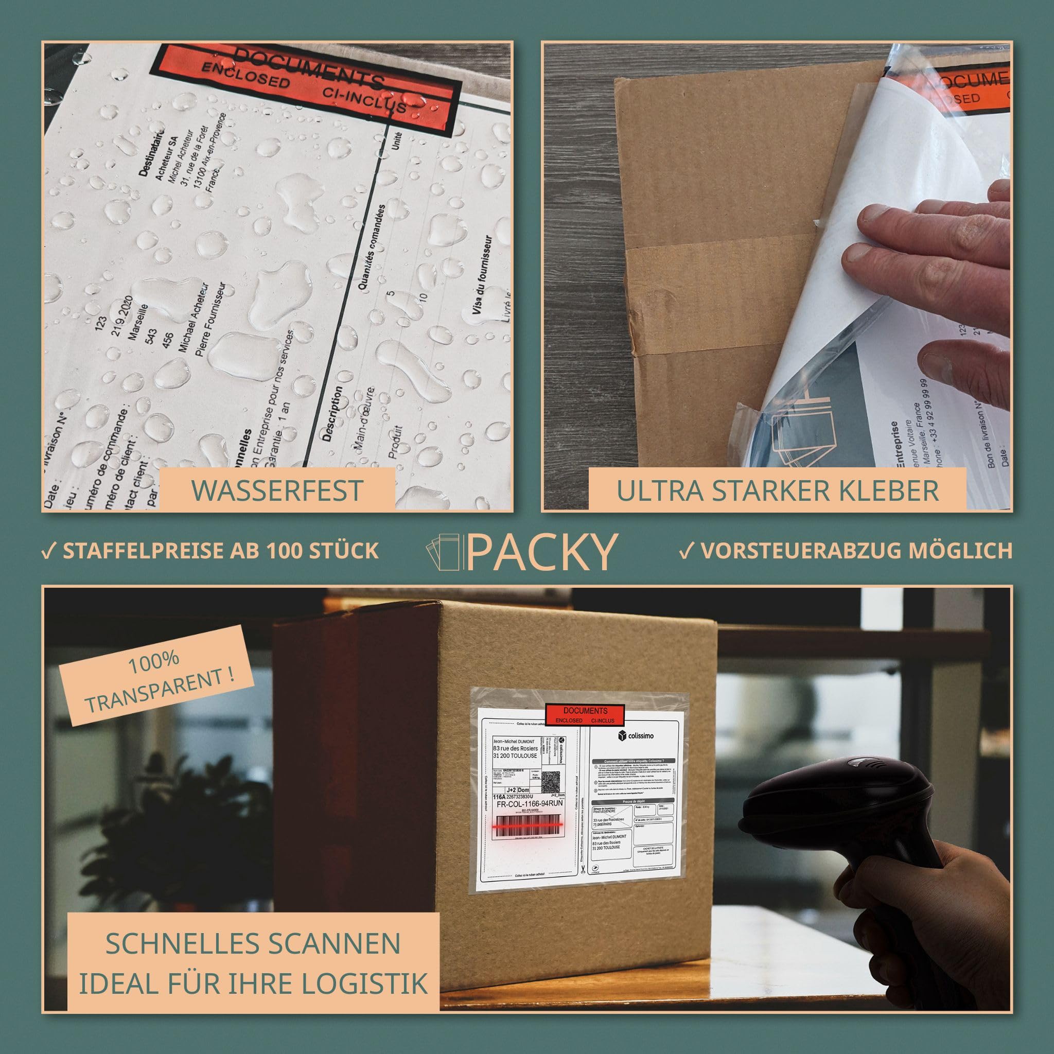 PACKY - Lieferscheintaschen Selbstklebend A4 315x225 mm - 100 Stück - Documents Enclosed