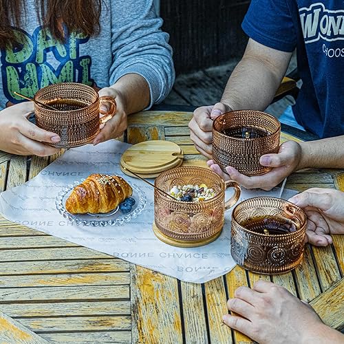 Miniatura 4 de Ollieroo 4 tazas de café, tazas de café vintage, recipientes de avena durante la noche con tapas y cucharas, vasos de café de 14 onzas, juego de