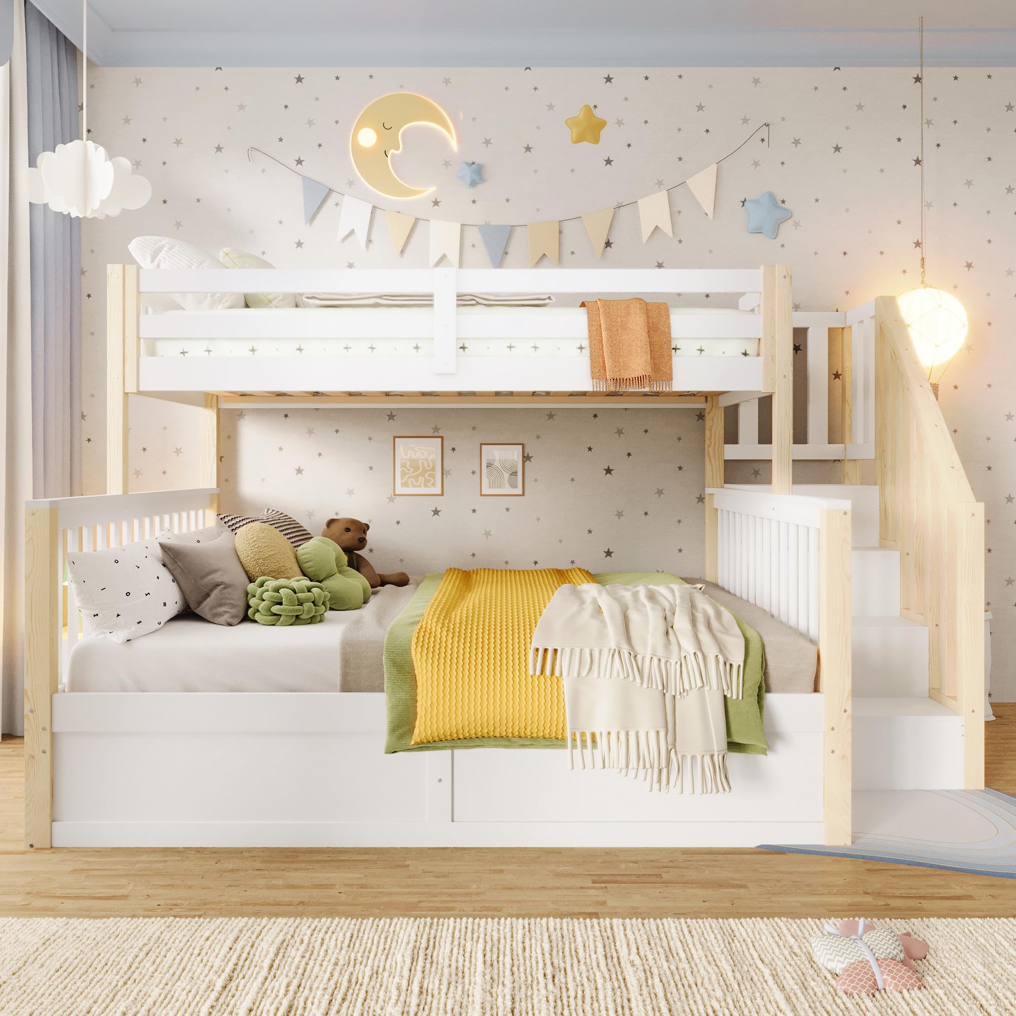 Litera 90(140) x200 cm con Almacenamiento Hidráulico y Escalera Almacenaje, Cama Litera Matrimonio para 2 Personas, Cama Infantil con Barandilla Anticaída y Lamas, Sin Colchón, Blanco+Natural
